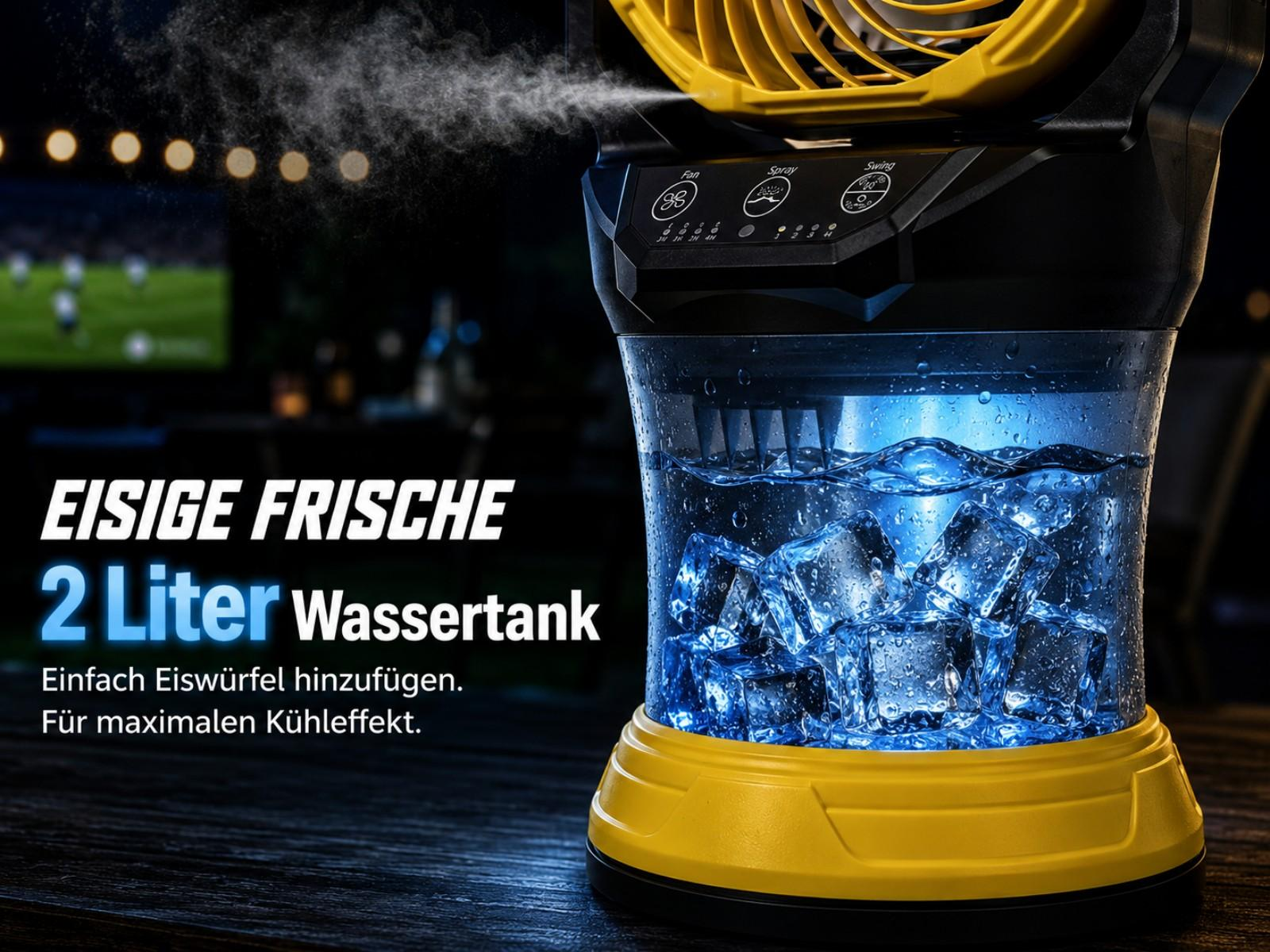 Ein tragbarer Lüfter mit einem 2-Liter-Wassertank gefüllt mit Eiswürfeln.