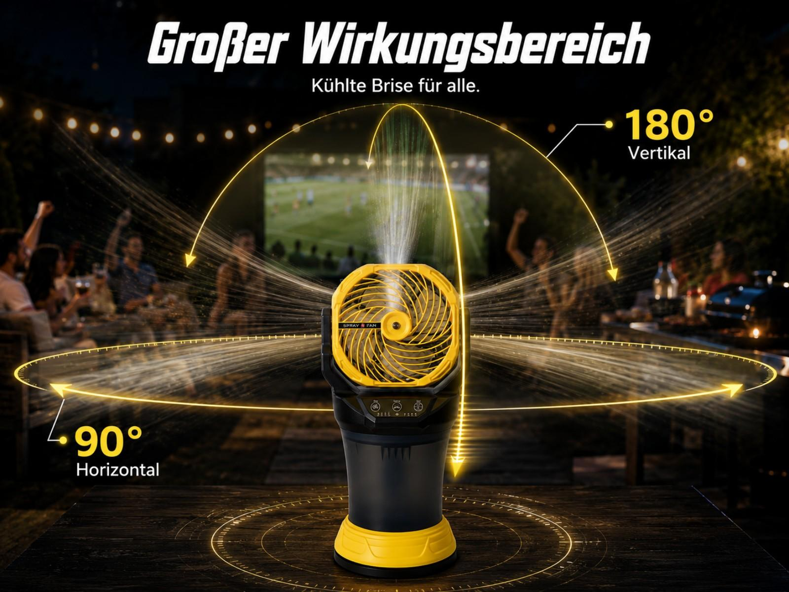 Ein gelber Sprühventilator steht auf einem Tisch und versprüht Wasser. 180° vertikal, 90° horizontal.