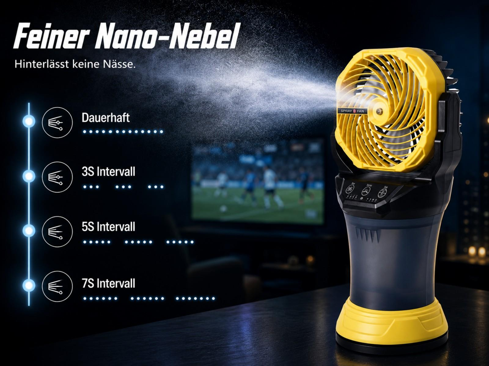 Ein gelb-schwarzer Nebelventilator sprüht feinen Nebel. Links sind Intervalle aufgelistet.