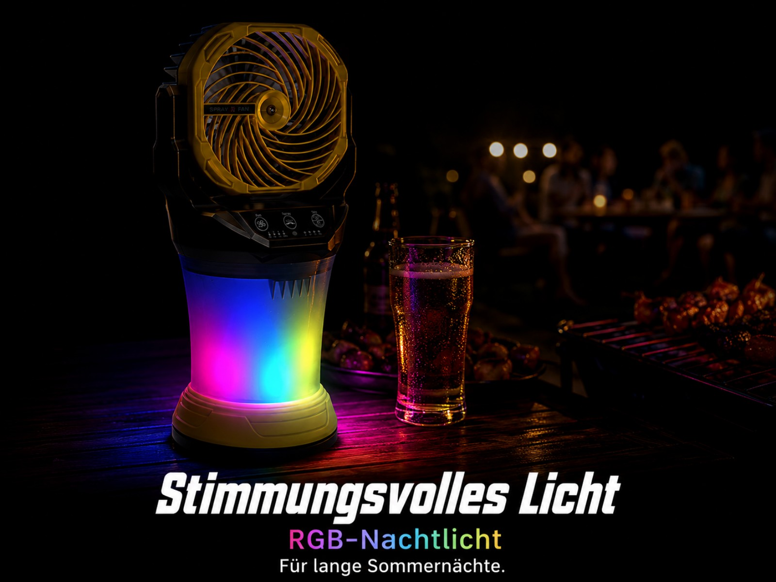 Ein beleuchteter Ventilator mit RGB-Licht neben einem Bier und gegrilltem Essen.