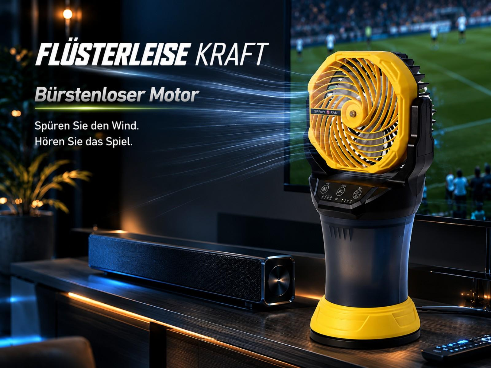 Ein gelber Ventilator mit schwarzer Basis erzeugt Luftstrom. Eine Soundbar steht daneben.