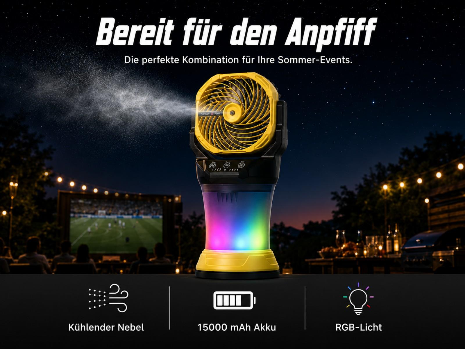 Ein gelber Sprühventilator mit RGB-Licht steht vor einem nächtlichen Event.