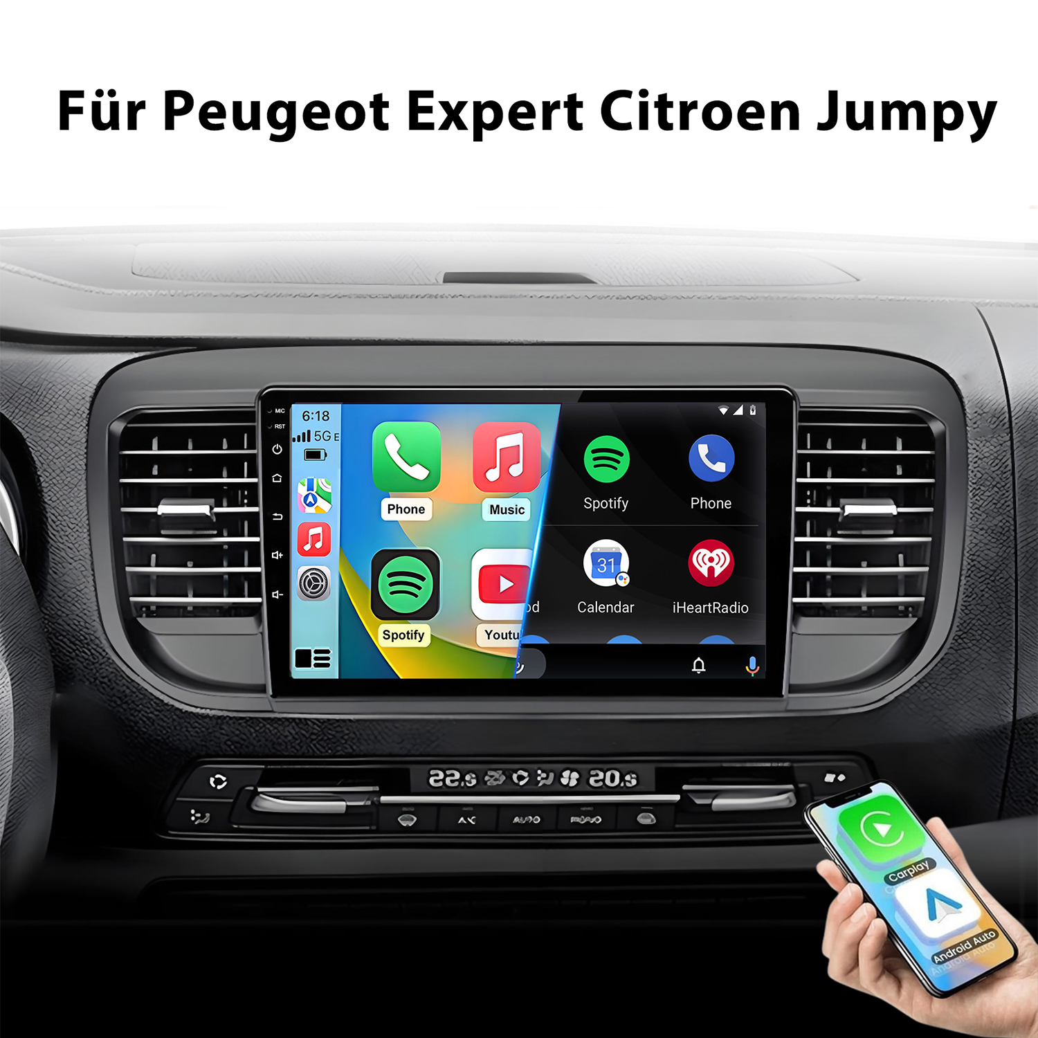 Armaturenbrett mit Touchscreen, der Apps wie Telefon, Musik, Spotify zeigt.