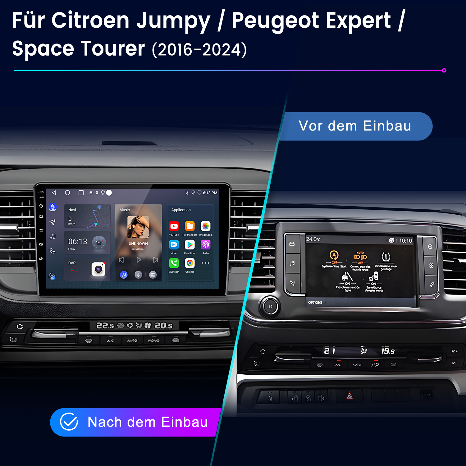 Vergleich zweier Auto-Infotainment-Systeme: Vor und nach dem Einbau.