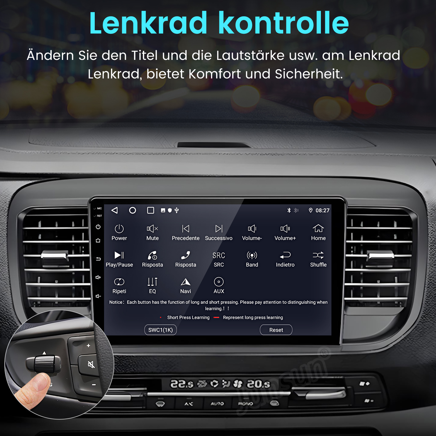 Ein Finger bedient ein Lenkrad-Steuergerät auf dem Bildschirm eines Autos.