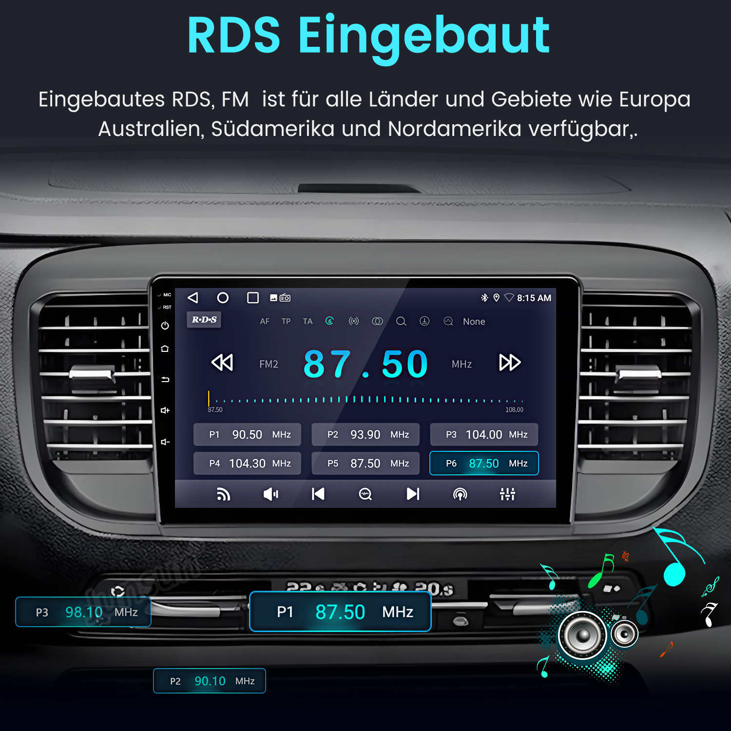 Ein Autoradio-Display zeigt RDS und FM-Sender, Frequenz 87.50 MHz.
