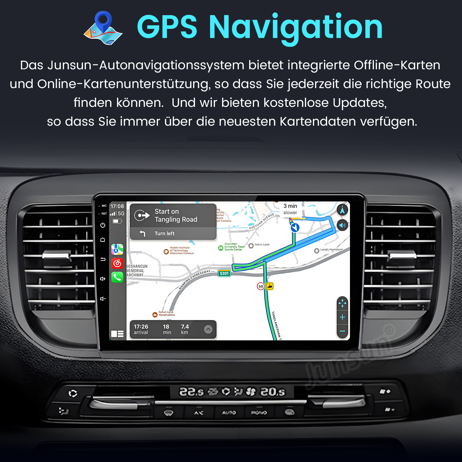 GPS-Navigationsbildschirm mit Karte, Anweisungen und Fahrzeugdaten.