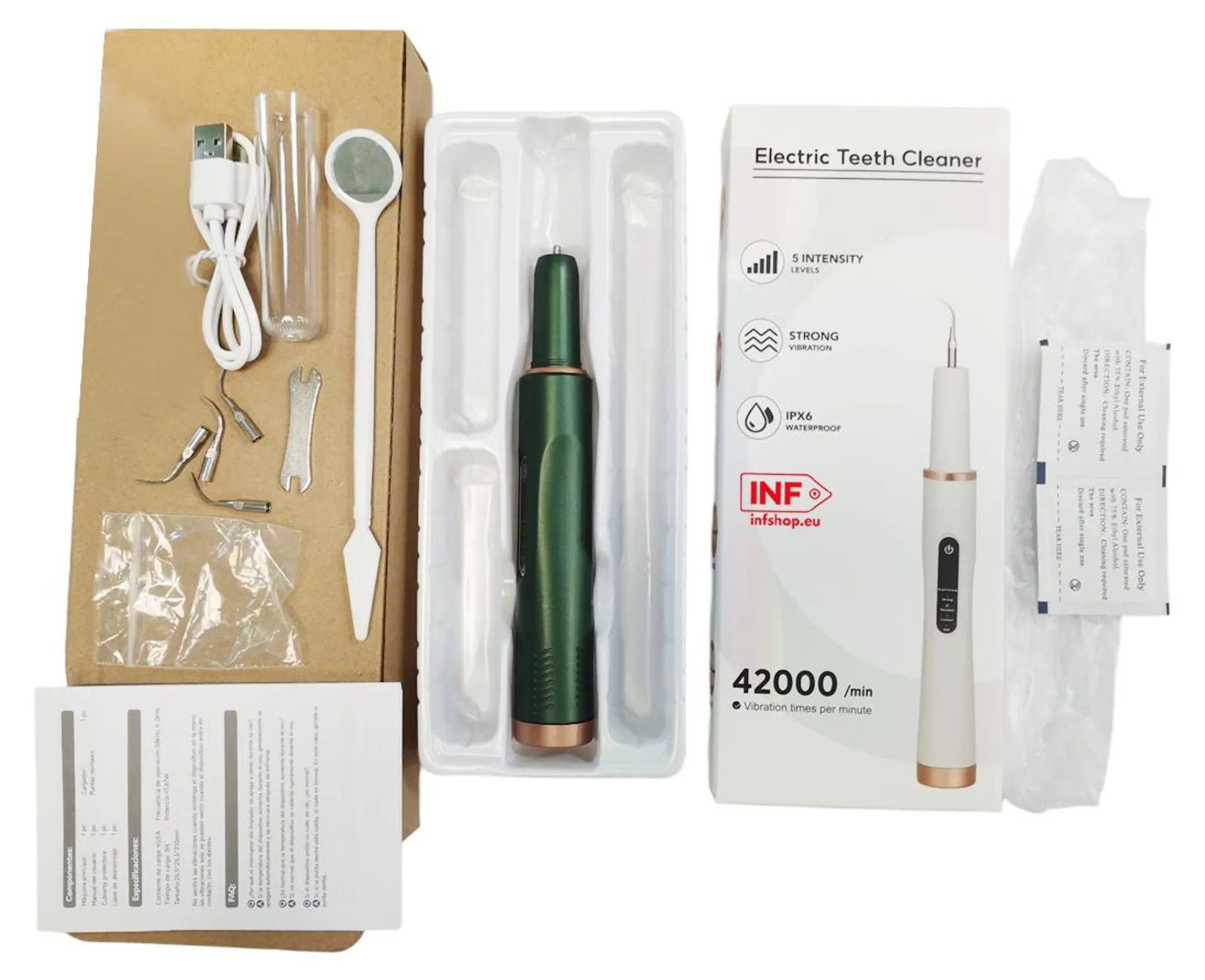 Ein elektrischer Zahnreiniger-Set mit Zubehör, Ladekabel und Anleitung auf weißem Hintergrund.