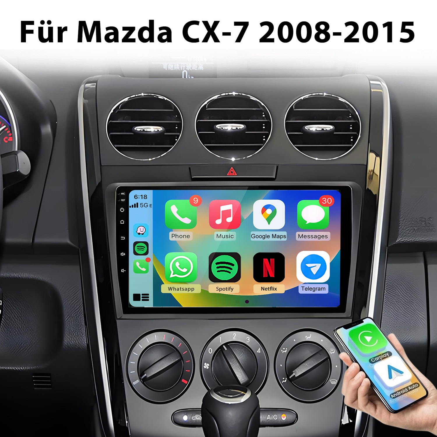 Armaturenbrett eines Mazda CX-7 mit Touchscreen-Infotainmentsystem und Klimaanlage.
