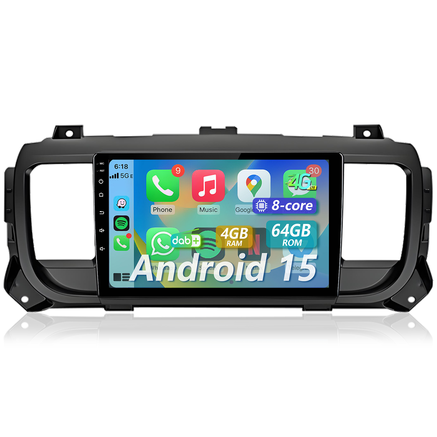 Ein schwarzer Automobil-Infotainment-Bildschirm mit Android 15.