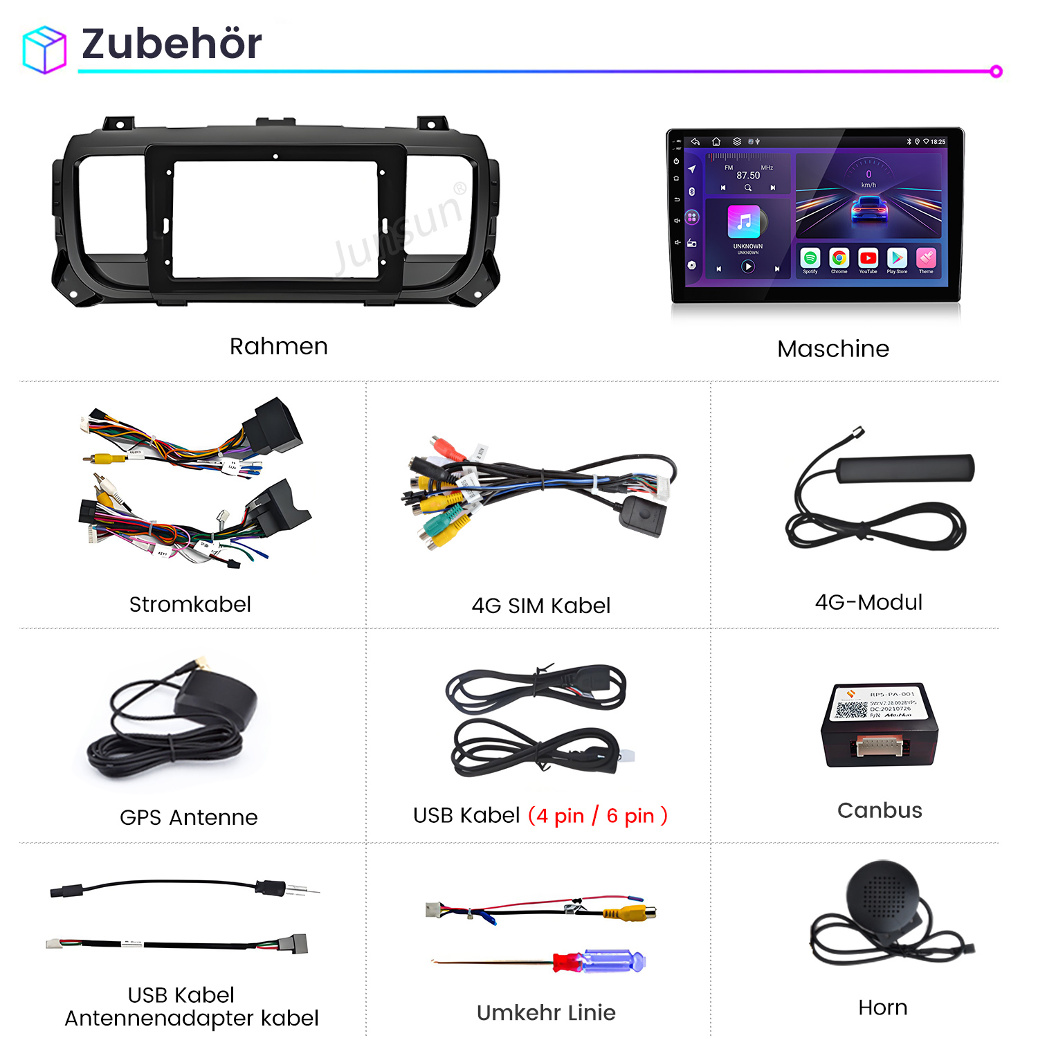 Zubehör: Einbaurahmen, Autoradio-Display, Kabel, Antennen, Canbus und Horn.