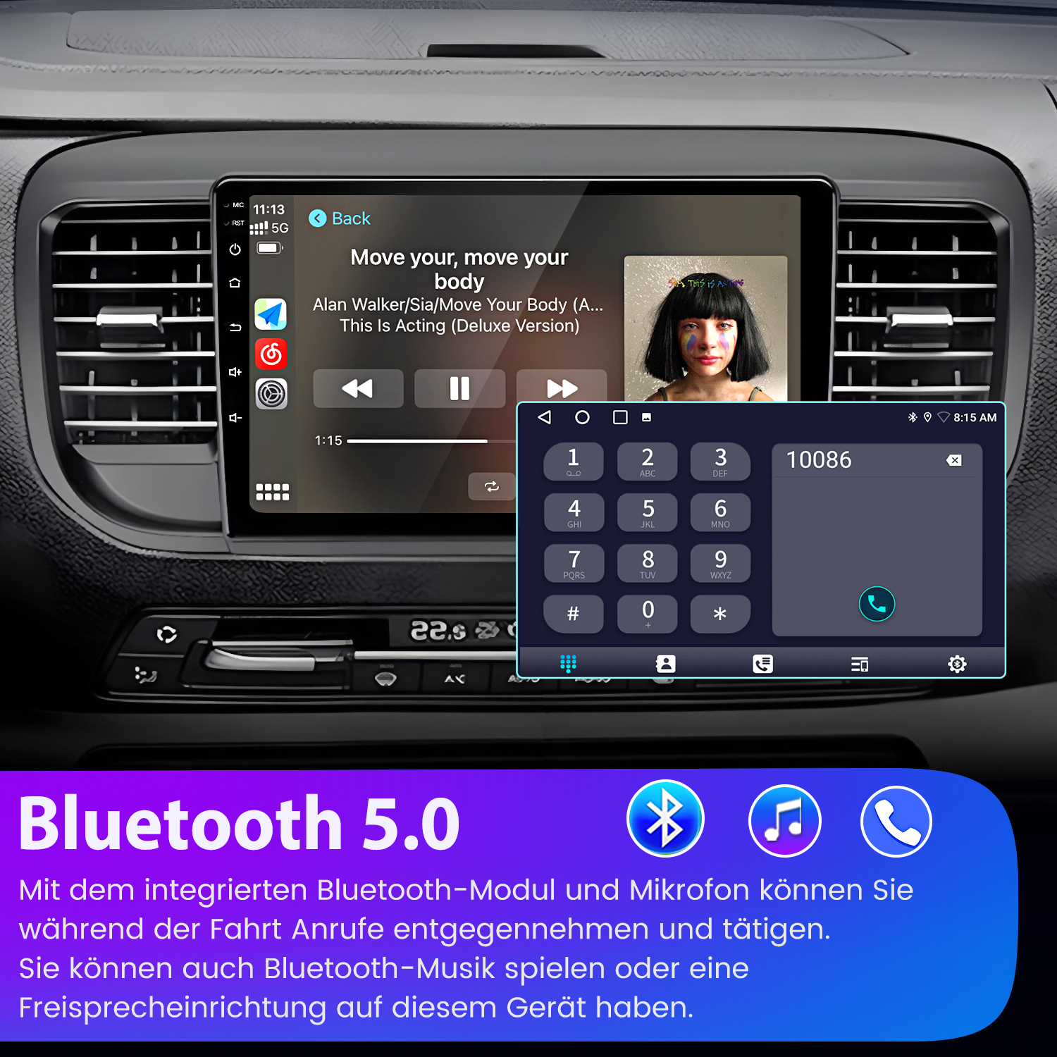Autodisplay mit Musik und Telefonwählfeld. Bluetooth 5.0.