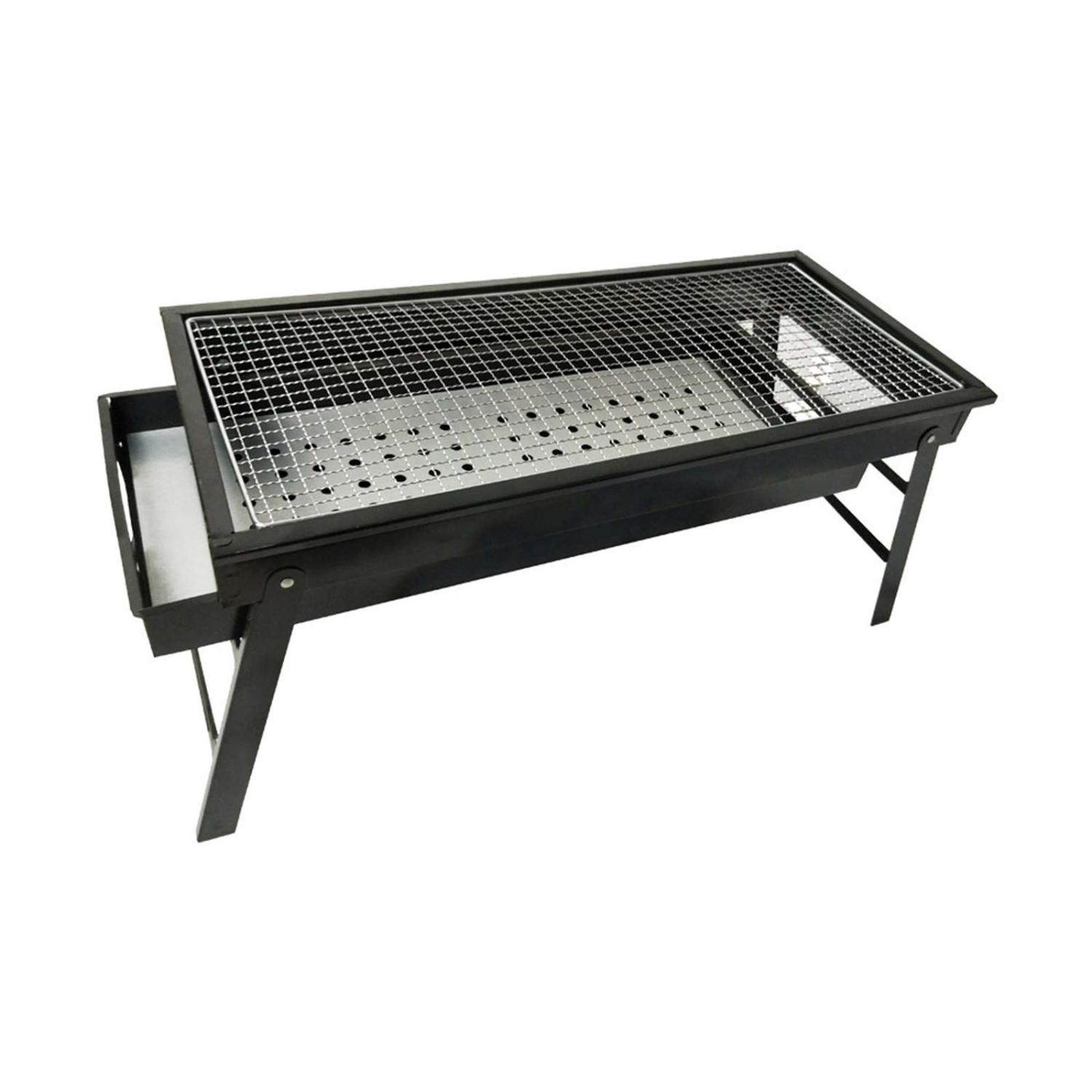 Ein schwarzer, rechteckiger Grill mit Metallrost und Beinen.