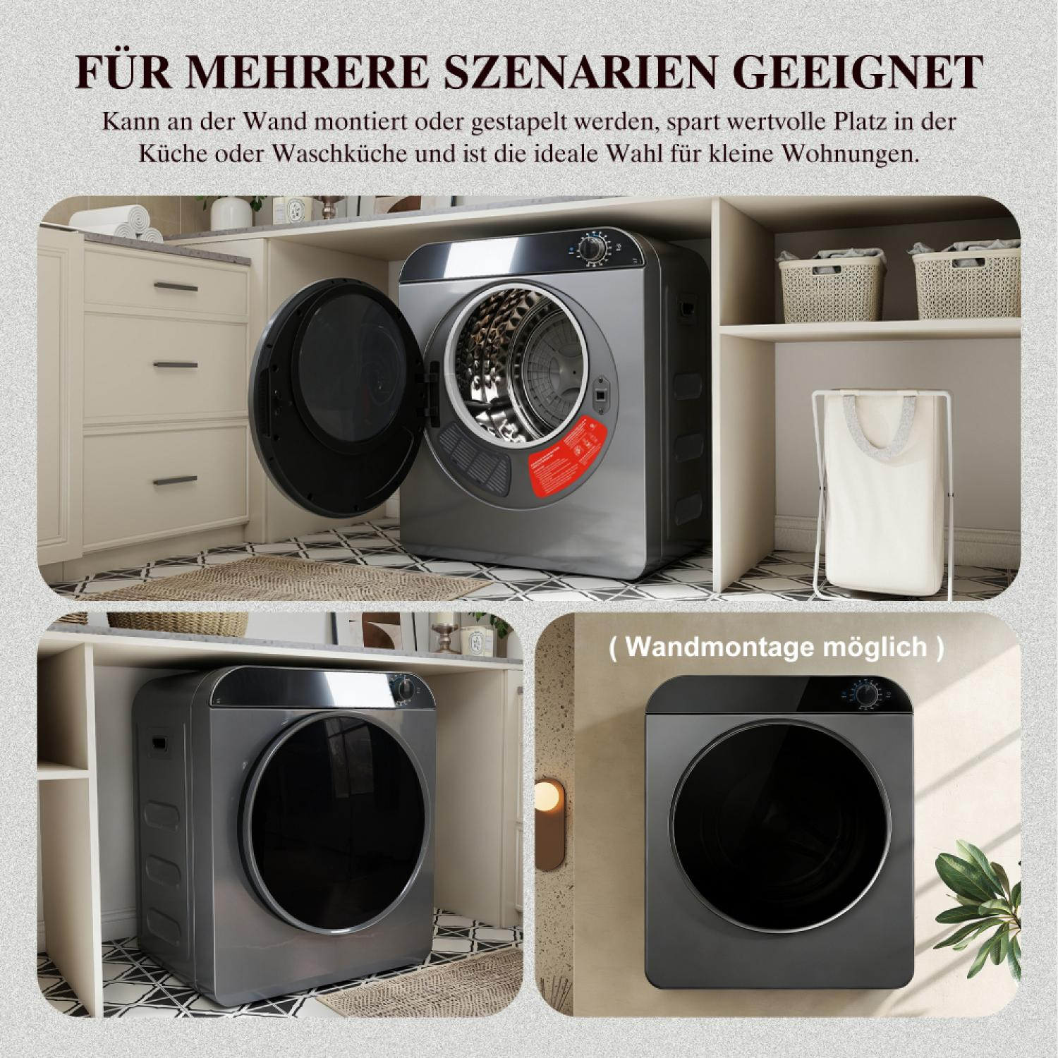 Collage zeigt eine graue Waschmaschine mit offener Tür und eine geschlossene.