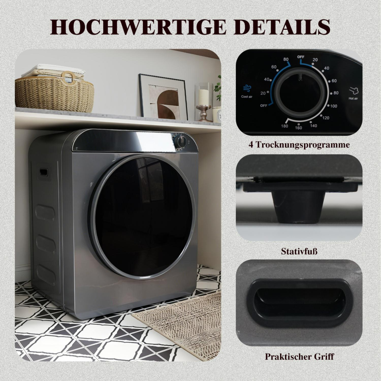 Grauer Wäschetrockner mit Details: Bedienfeld, Standfuß und Griff.