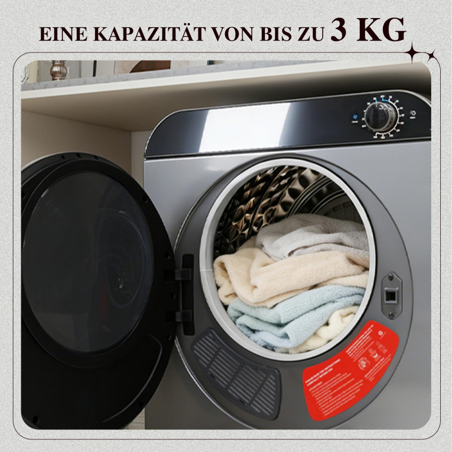 Eine offene Graue Waschmaschine mit Kleidung darin, Kapazität bis 3 kg.