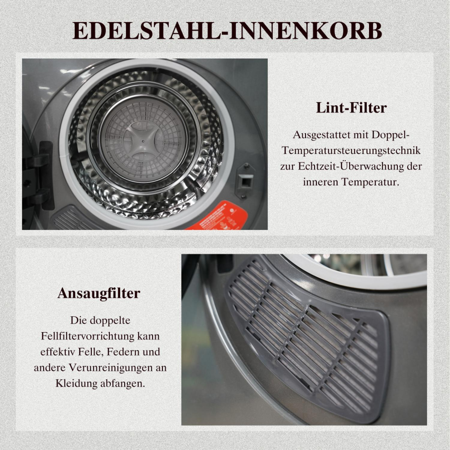 Edelstahl-Innenkorb mit Lint- und Ansaugfilter für Wäschetrockner.