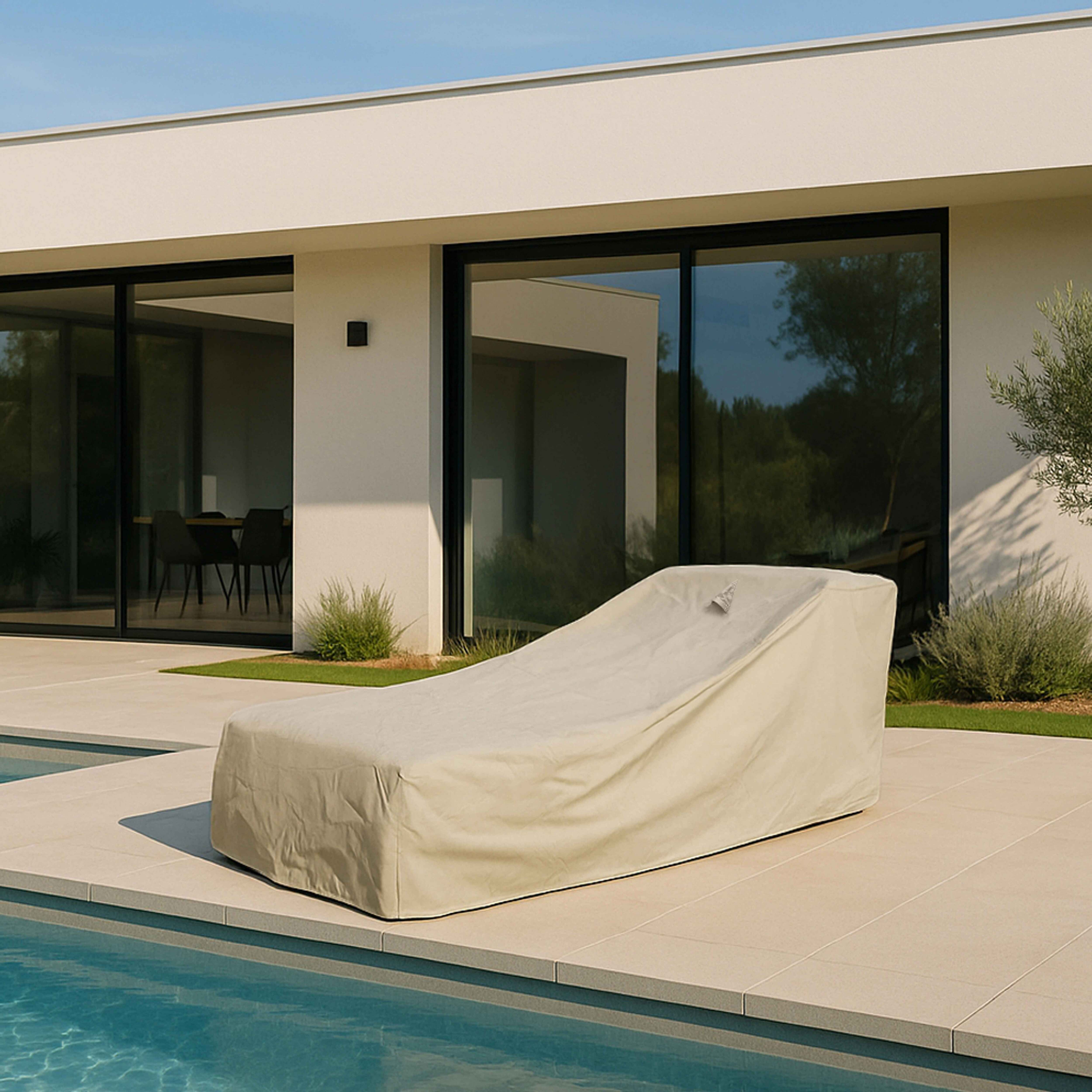 Abgedeckte Liege neben Pool vor modernem Haus mit Fenstern.