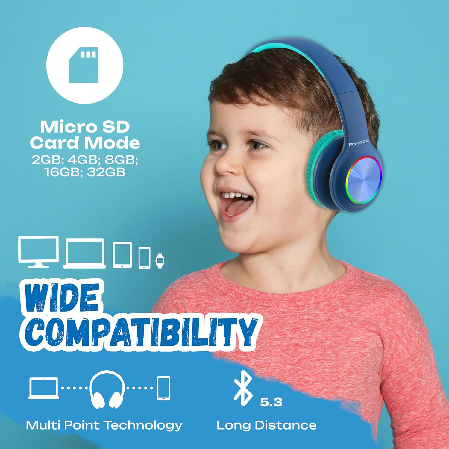 Garçon portant un casque bleu, mode Micro SD, large compatibilité.