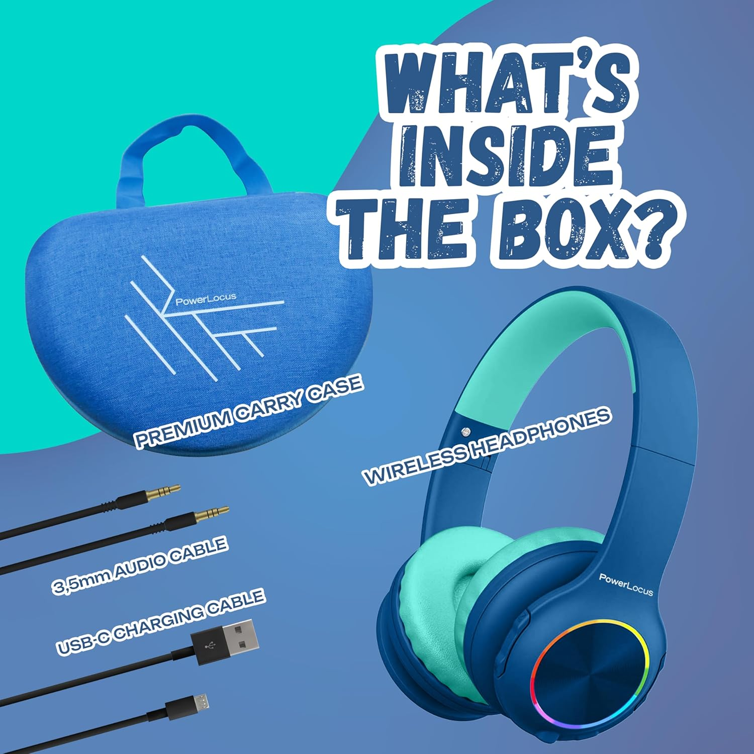 Casque bleu avec accessoires : étui, câbles, écouteurs. Texte : Qu'y a-t-il dans la boîte ?