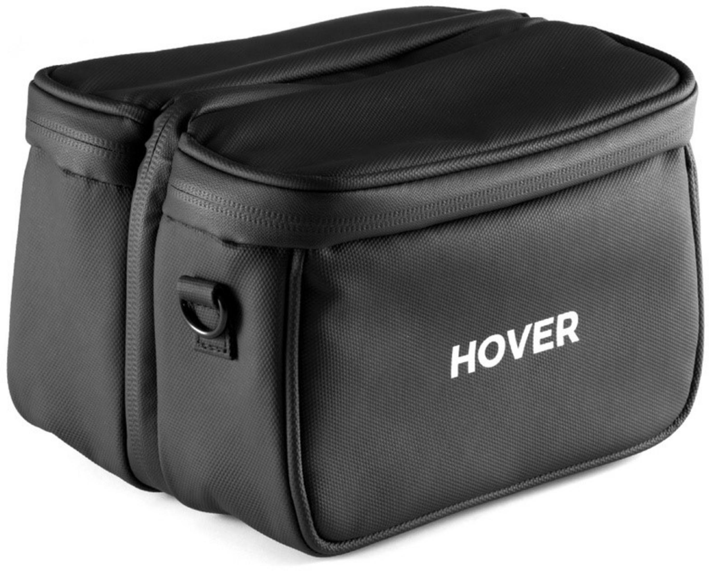 Una bolsa negra de doble compartimento con la palabra HOVER en letras blancas.