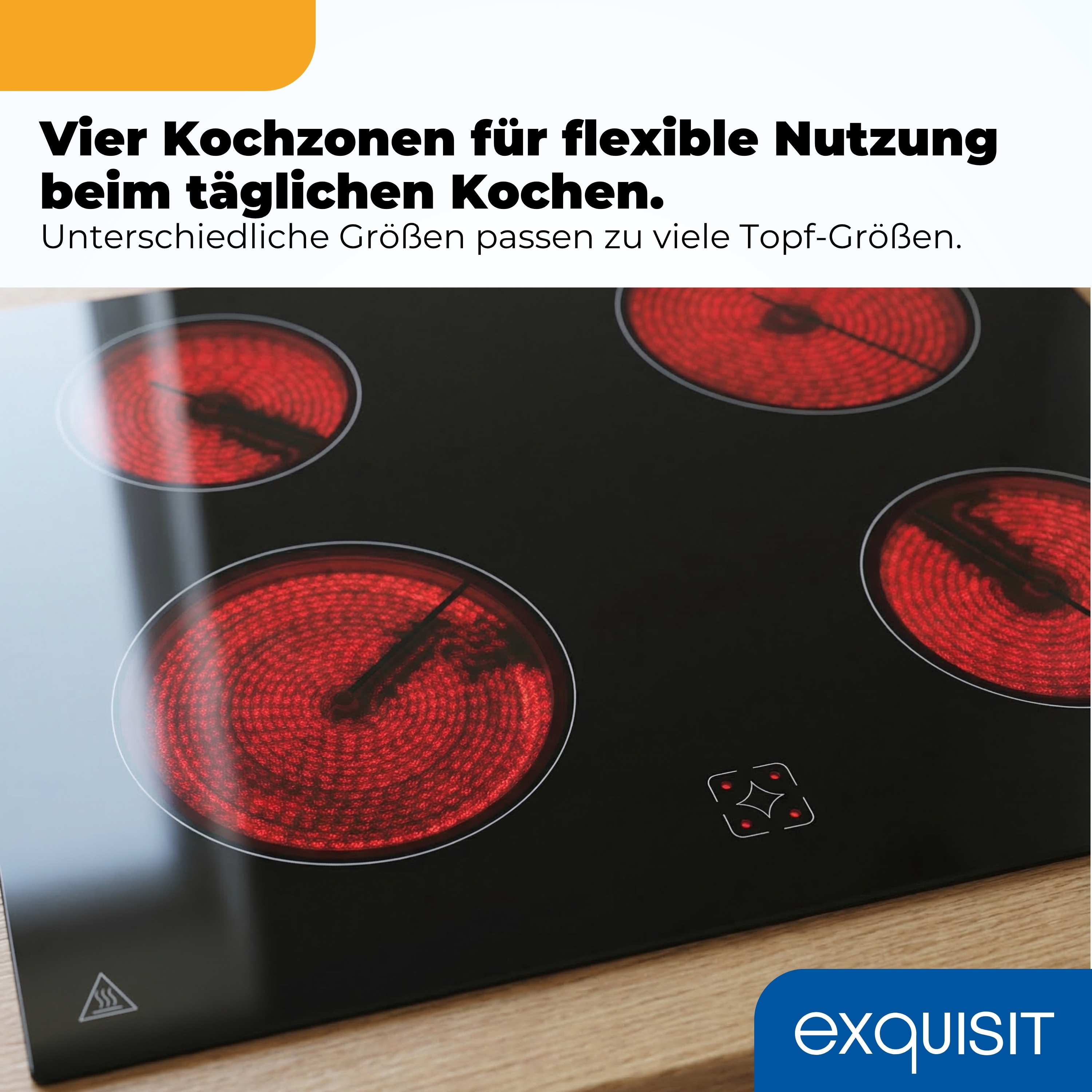 Ein schwarzes Kochfeld mit vier leuchtend roten Heizspiralen.