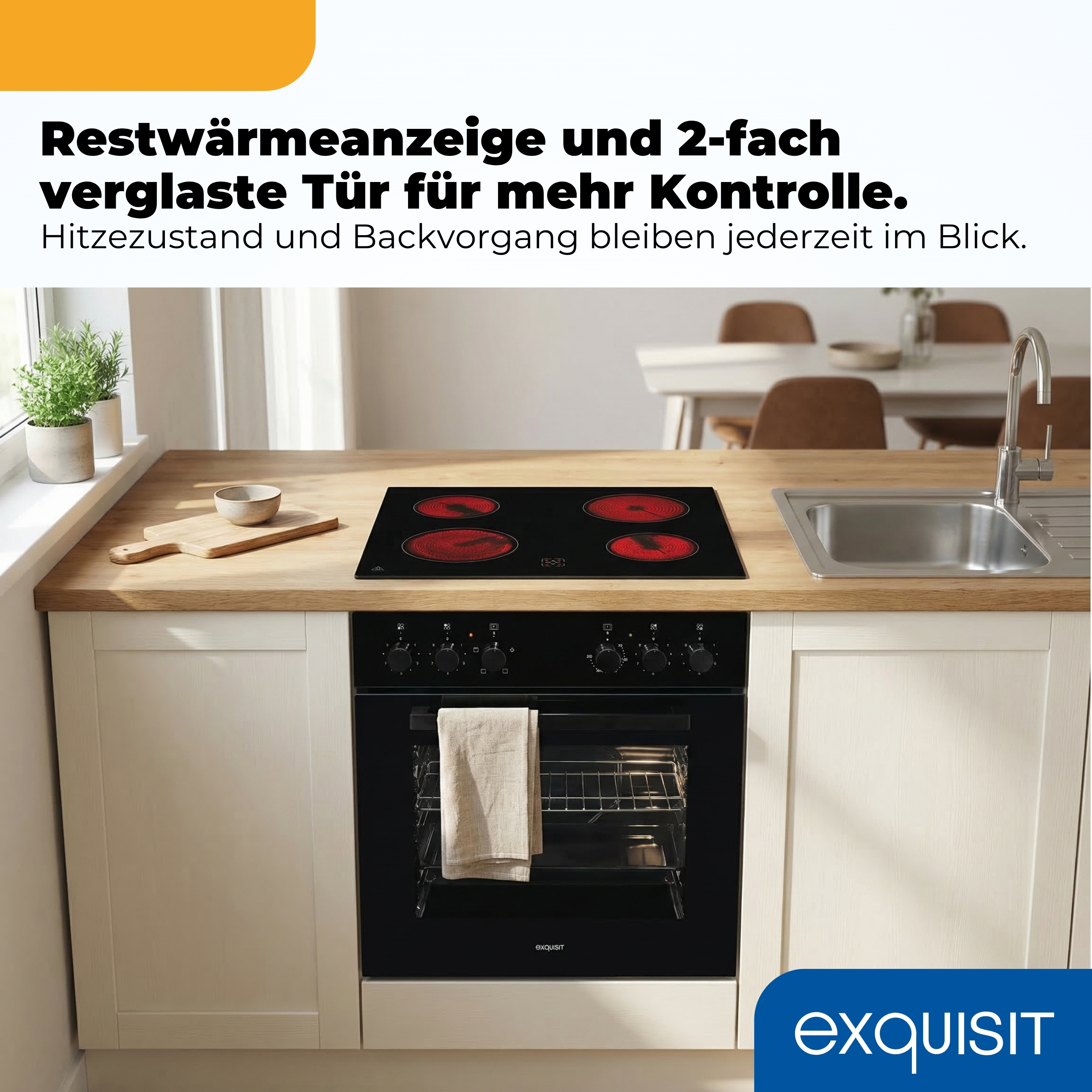 Ein moderner Küchenofen mit Kochfeld und Bedienknöpfen, daneben ein Spülbecken.