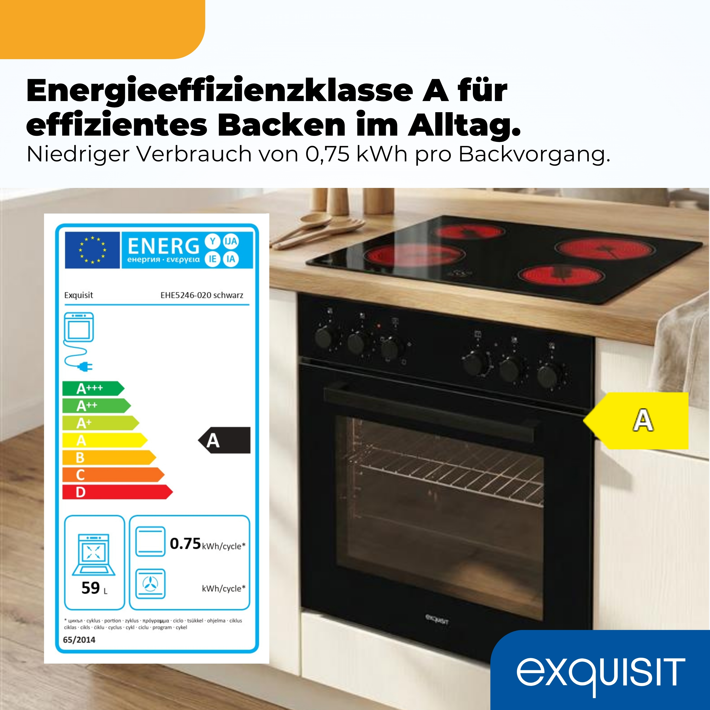 Ein Exquisit-Ofen mit Energieeffizienzklasse A und Kochfeld. Links ist das Energielabel.