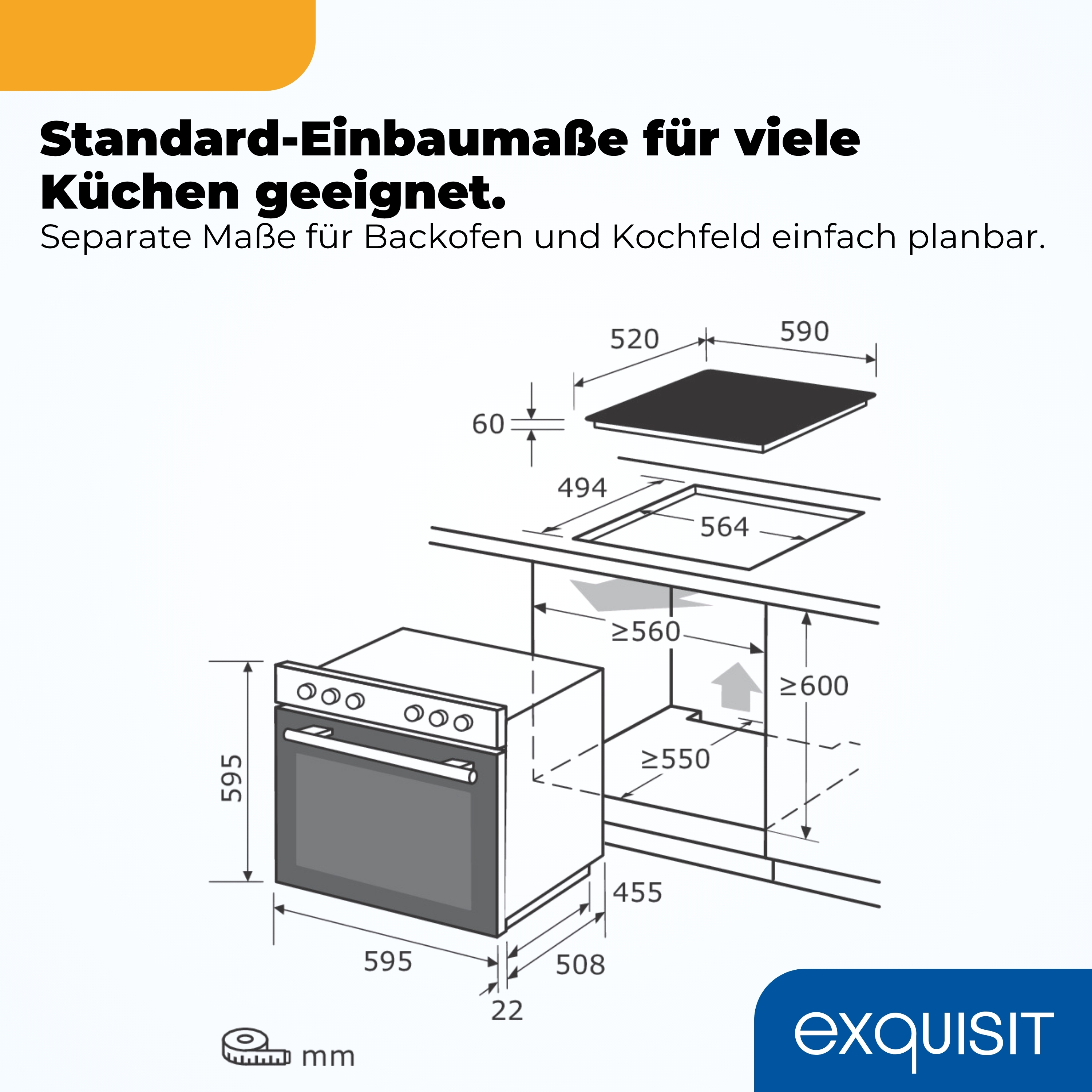 Technische Zeichnung eines Einbauofens und Kochfelds mit Maßen.