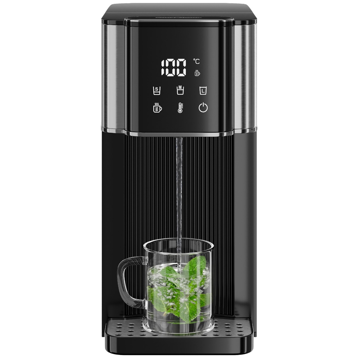 Ein Wasserspender mit digitaler Anzeige, der Wasser in eine Glas-Teetasse mit Minze füllt.
