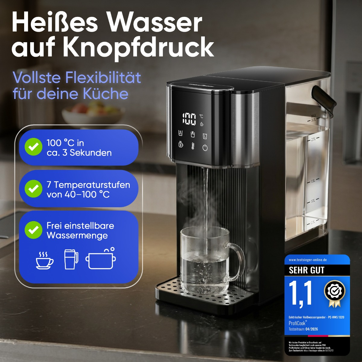 Heißwasserspender mit digitaler Anzeige, Wassertank und Glas. 100°C in 3 Sek.