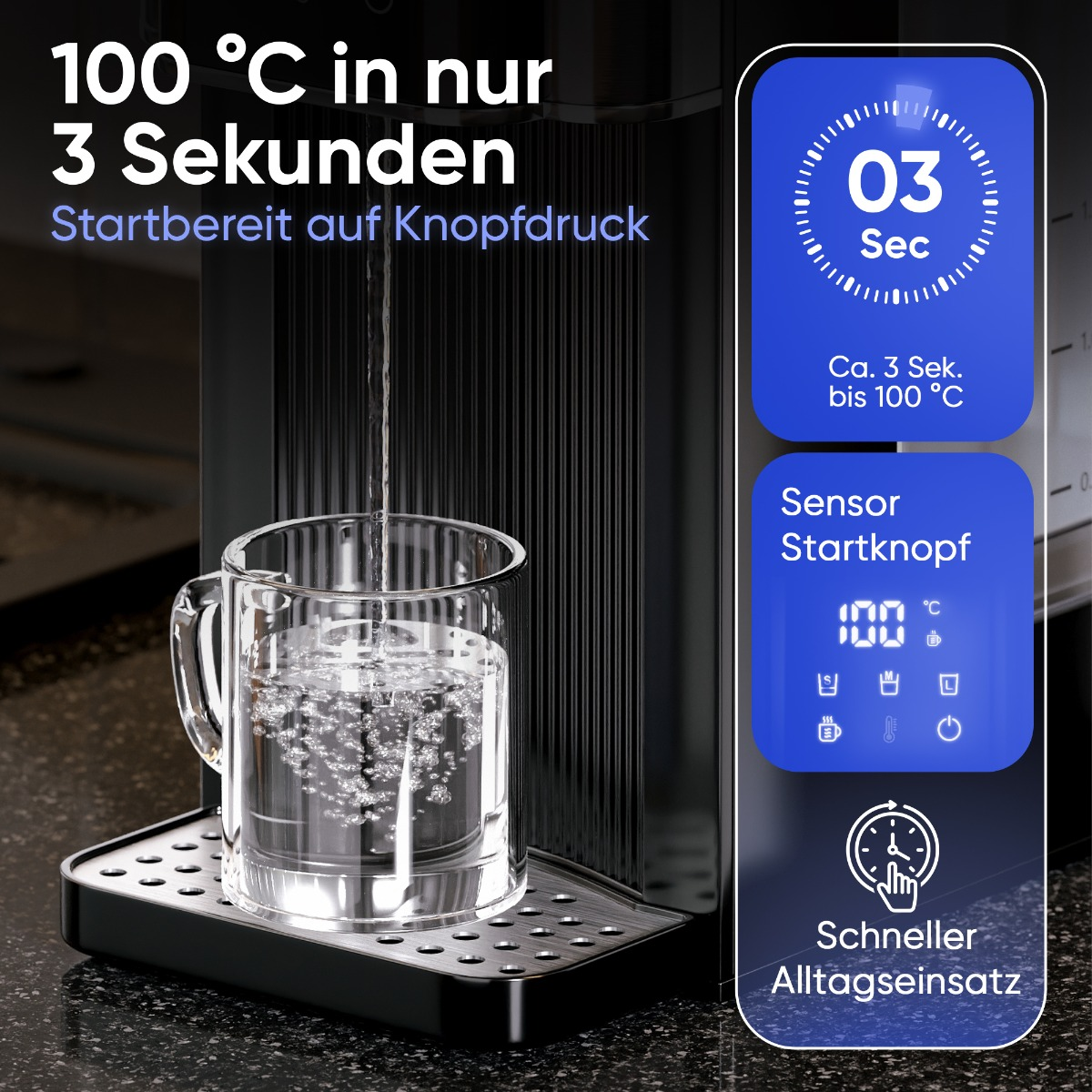 Ein Wasserkocher erhitzt Wasser in einem Glas in 3 Sek. auf 100°C.