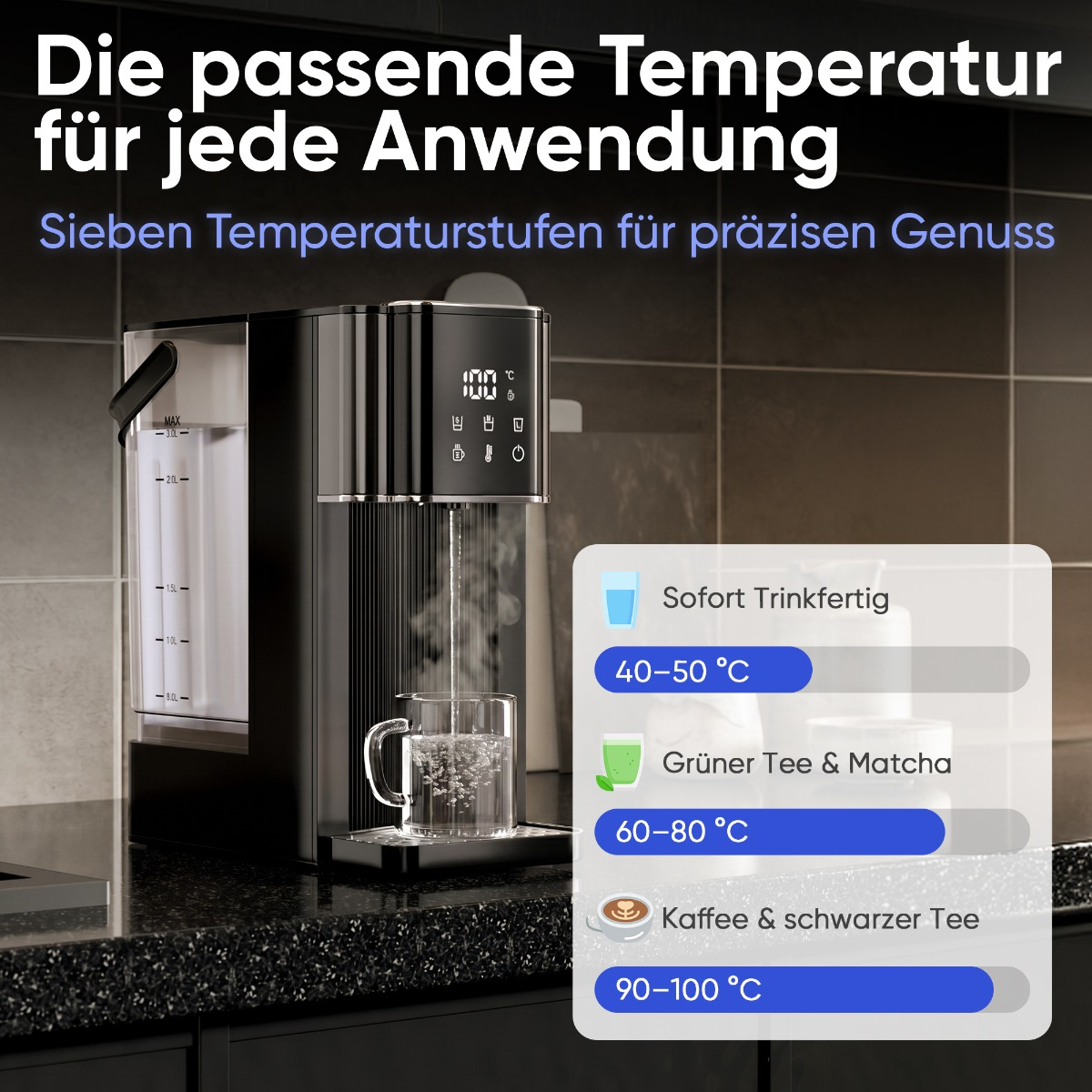 Ein Wasserspender mit digitaler Anzeige, der heißes Wasser in eine Tasse gibt.