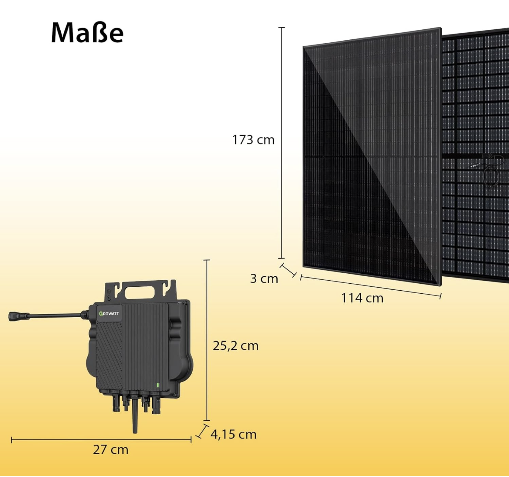 Maße: Wechselrichter 27x25,2x4,15cm. Solarmodule 173x114x3cm.