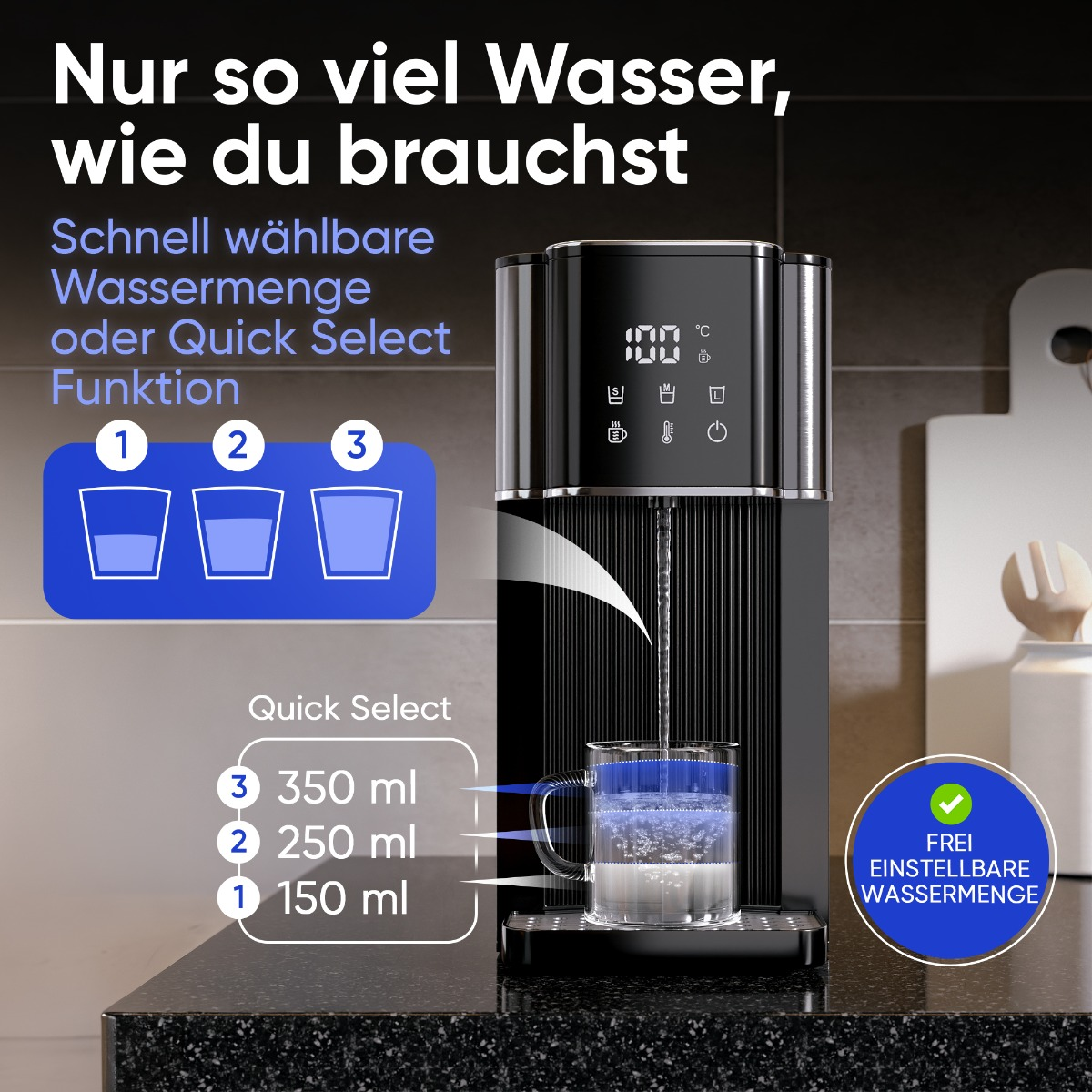 Schwarzer Wasserspender mit Schnellwahltasten für 150, 250 und 350 ml.