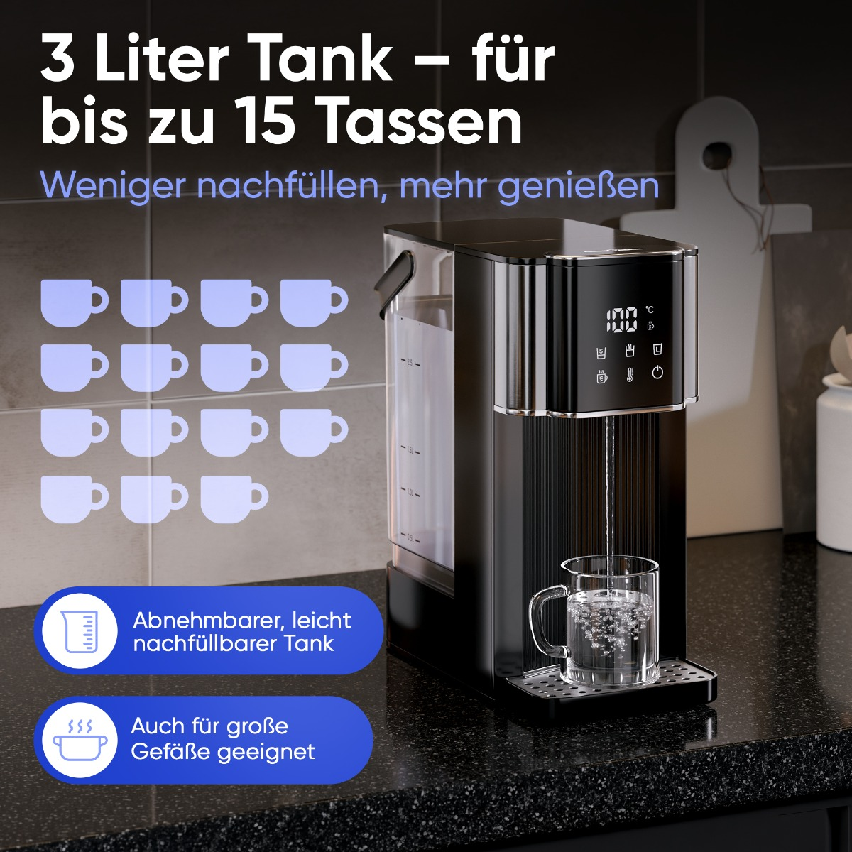 Schwarzer Wasserspender mit 3L Tank, der bis zu 15 Tassen liefert.