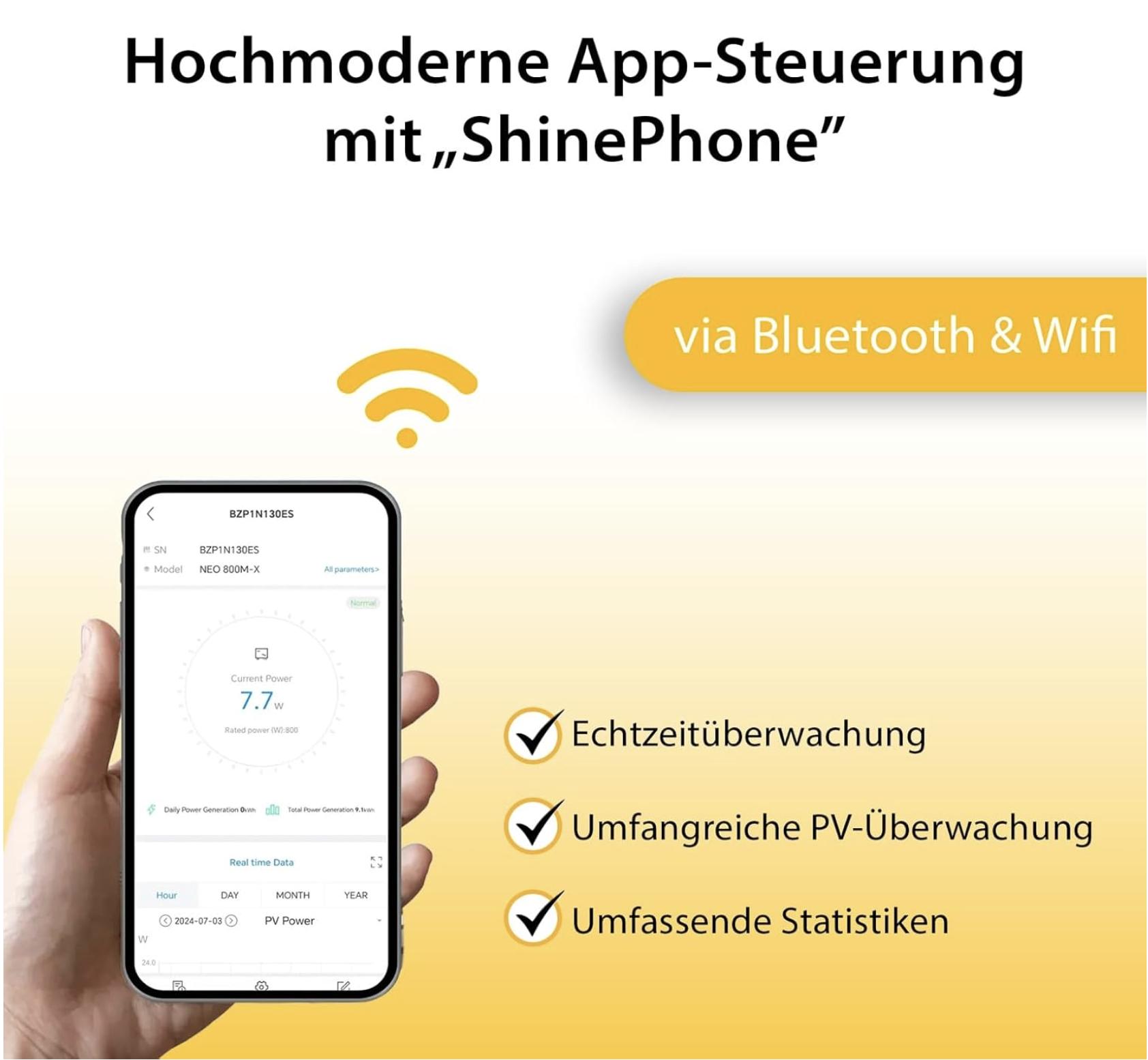 Hand hält Smartphone mit App-Übersicht: Echtzeitüberwachung, PV-Überwachung, Statistiken.