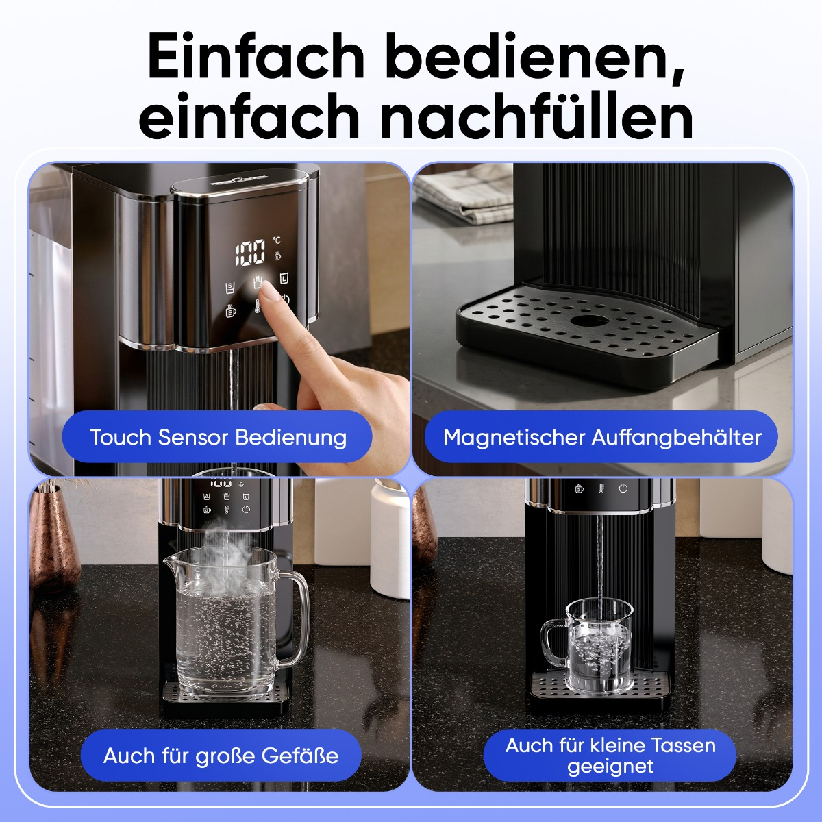Ein Wasserspender mit Touch-Bedienung, Auffangbehälter und verschiedenen Tassengrößen.