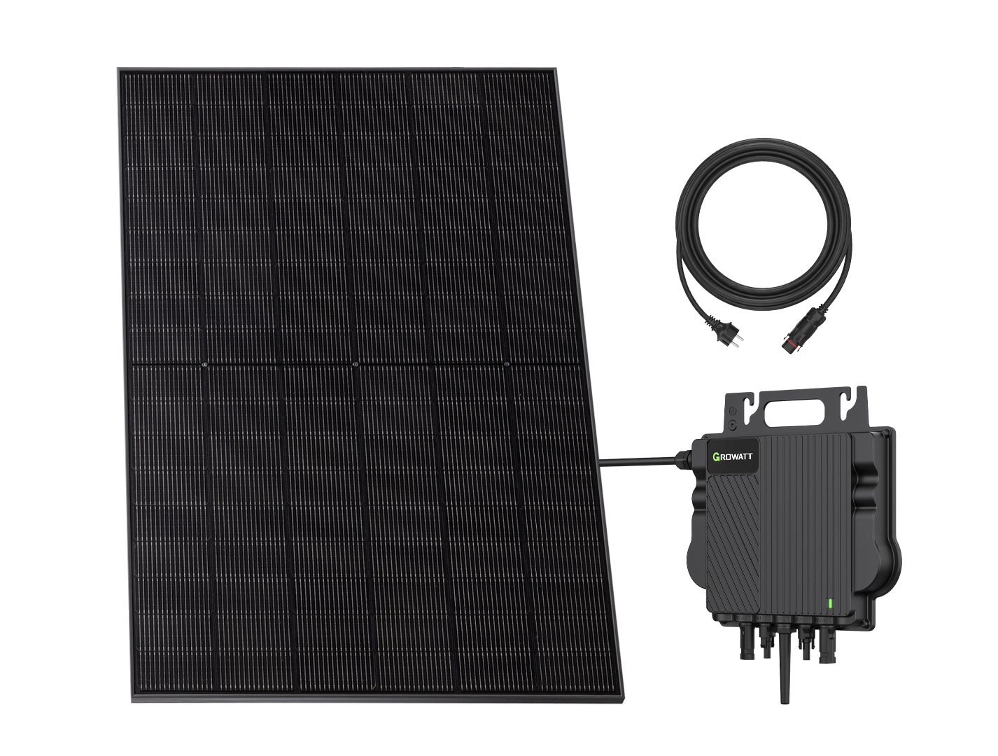 Schwarzes Solarpanel, Wechselrichter und Kabel auf weißem Hintergrund.