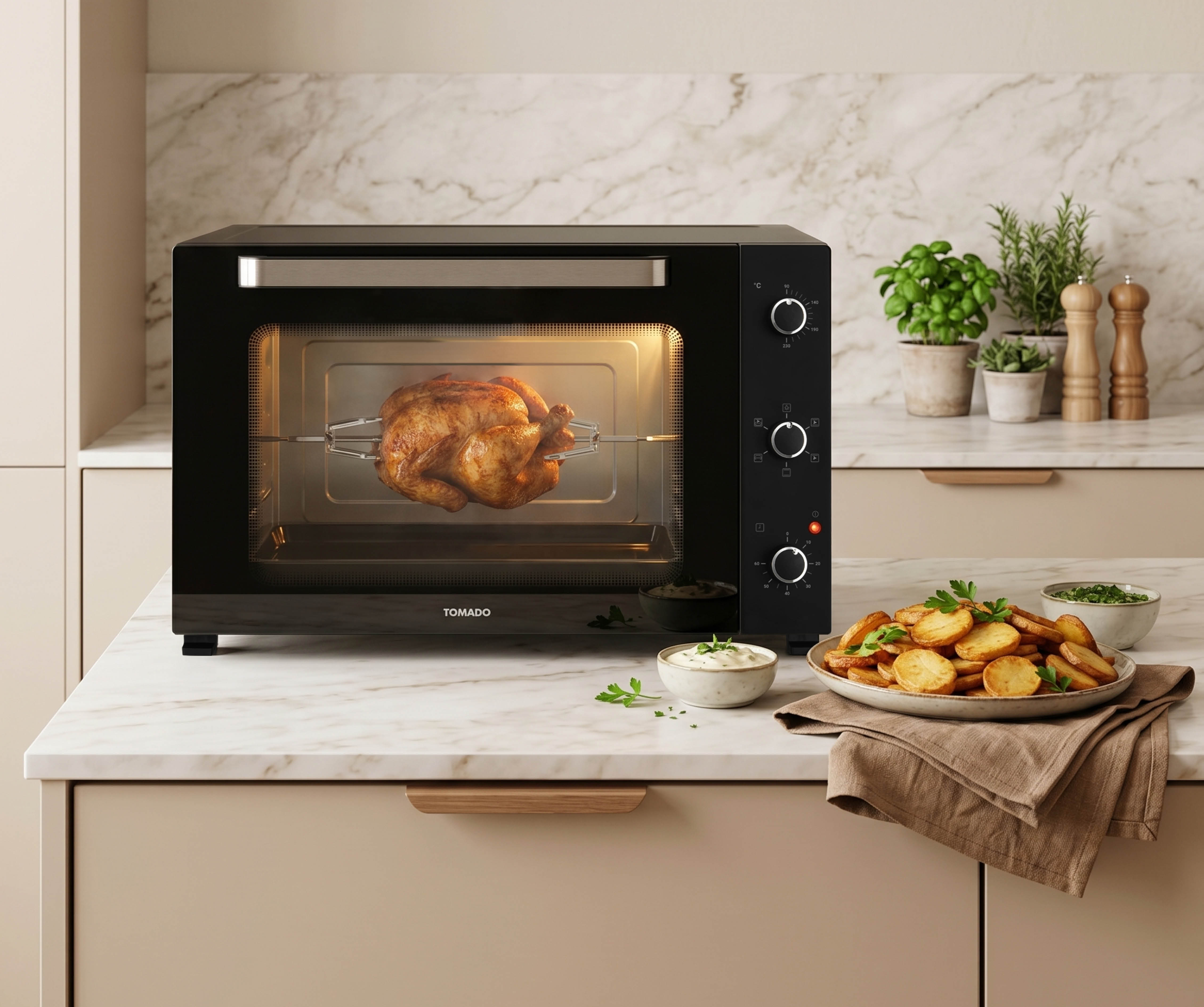 A rotisserie chicken spins inside a black oven next to a plate of roasted potatoes.