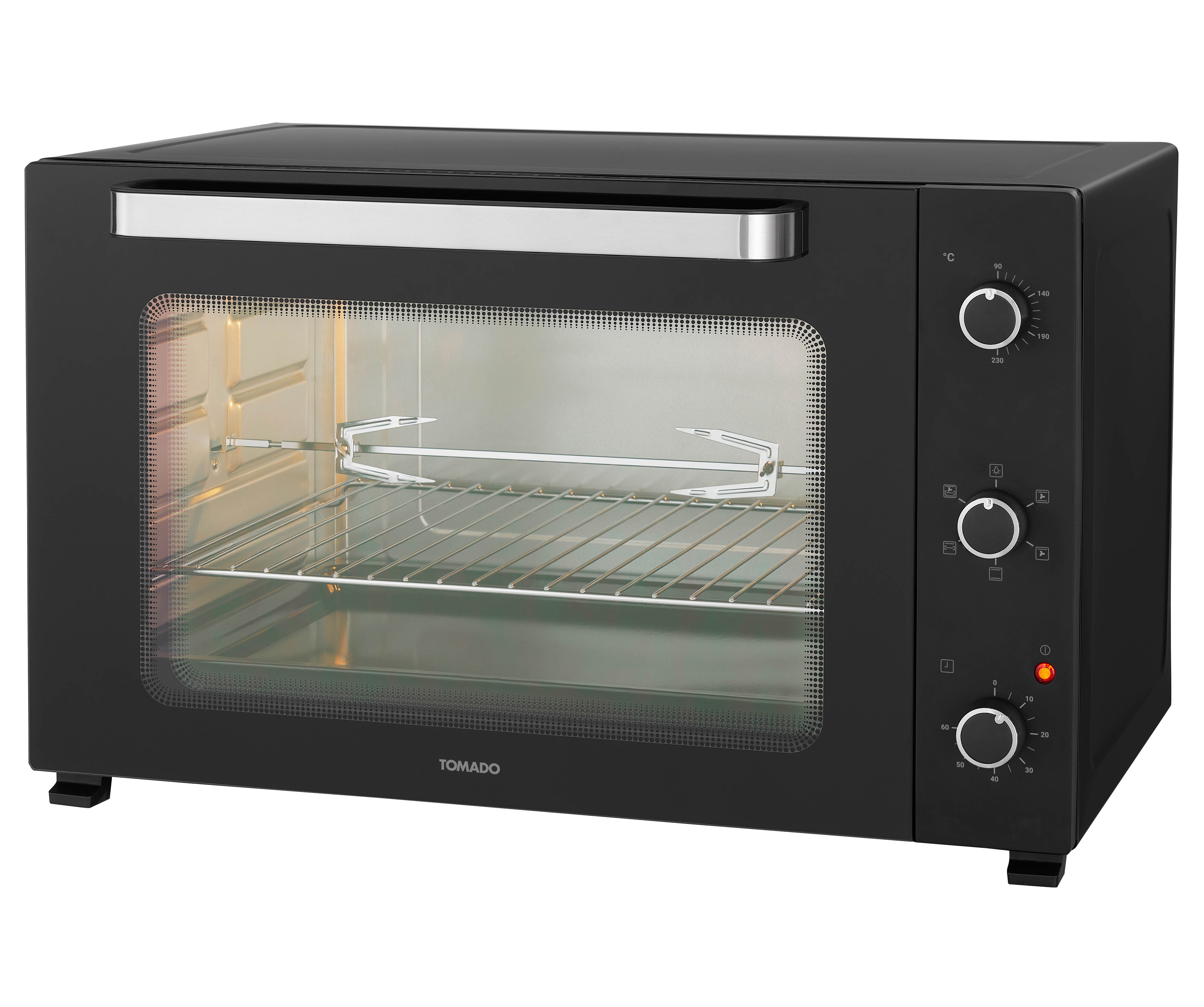 A black countertop oven with a silver handle and control knobs.