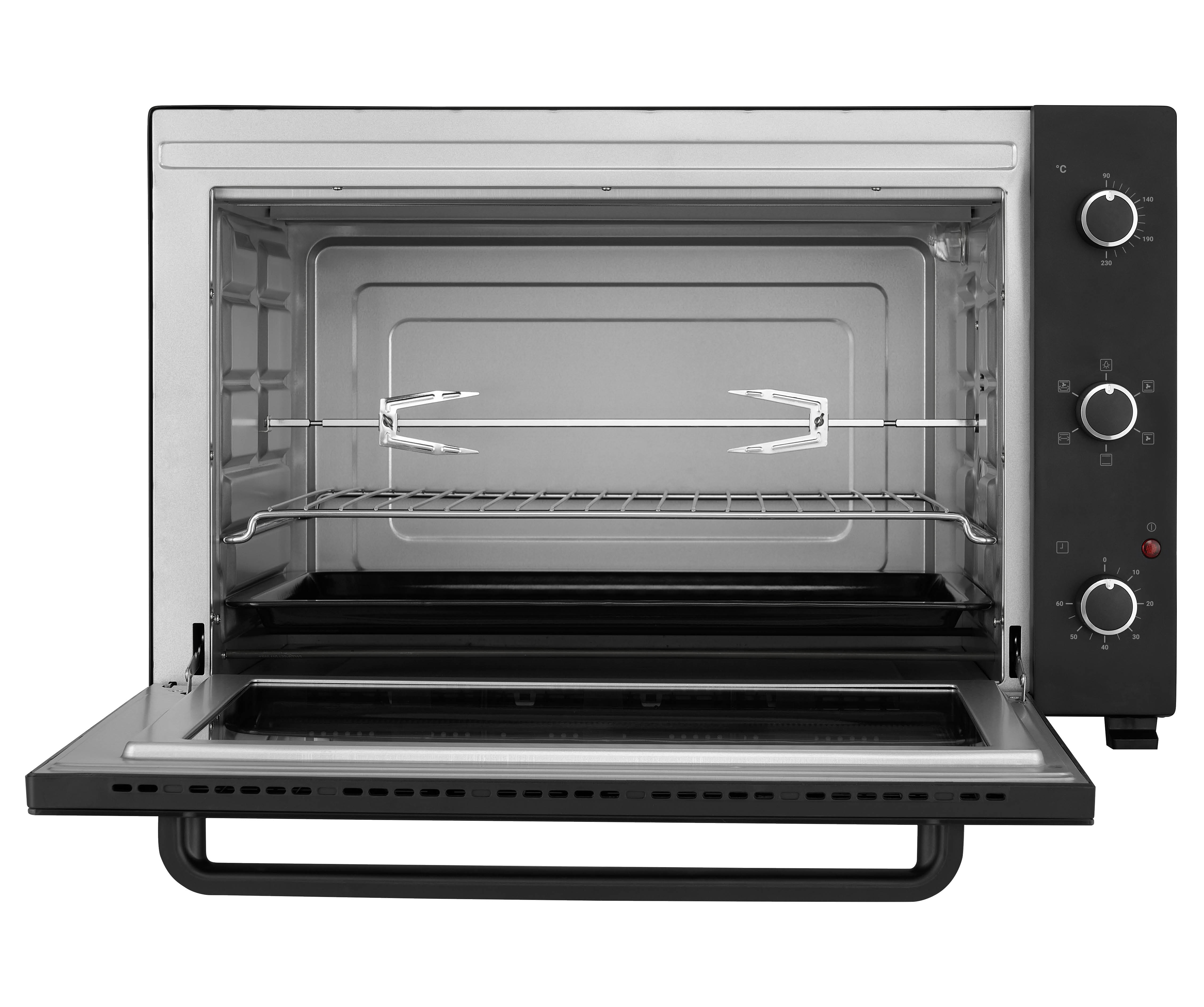An open mini oven with a rotisserie spit and wire rack. Black control dials.