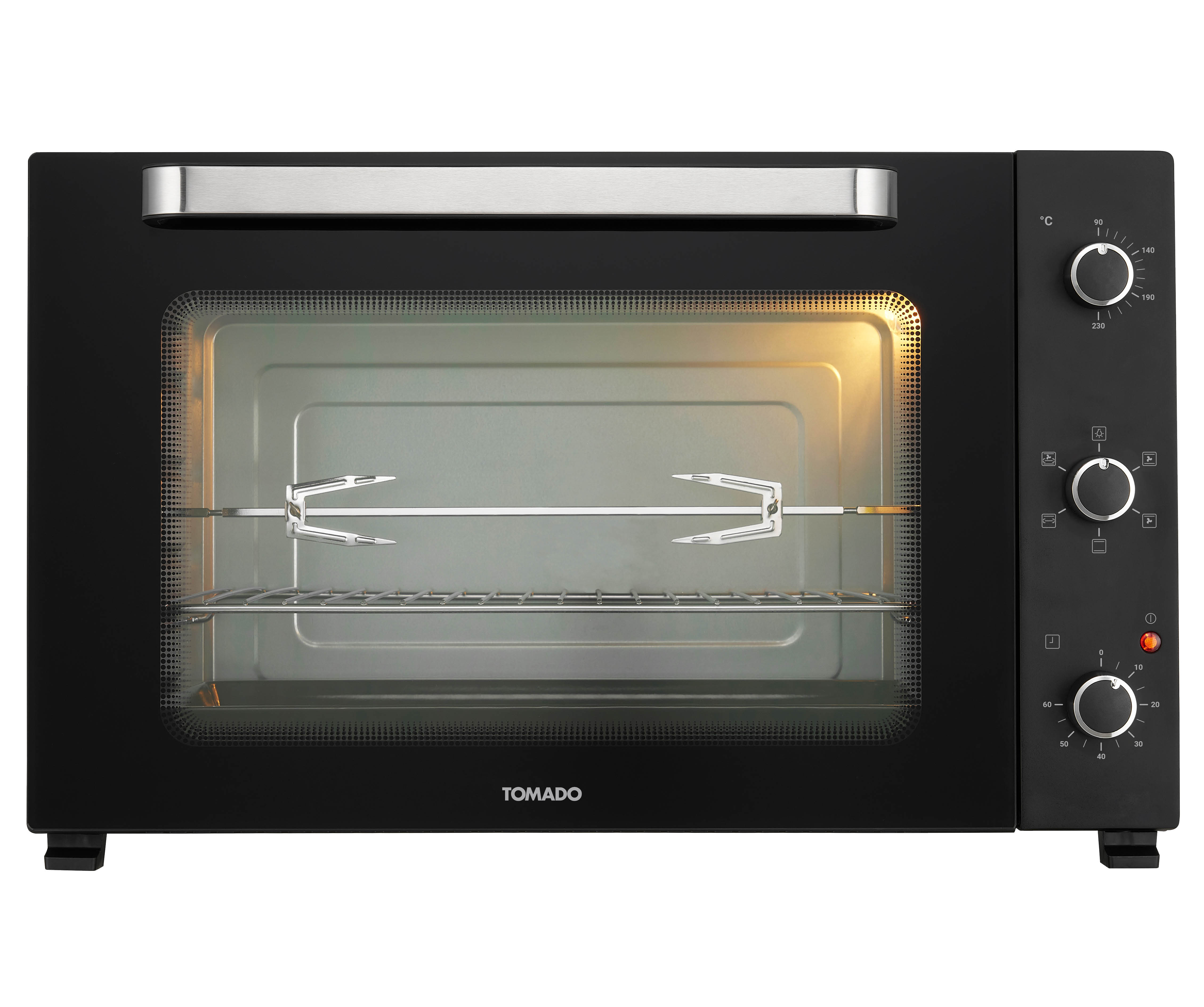 A black Tomado toaster oven with a silver handle and rotisserie is shown.