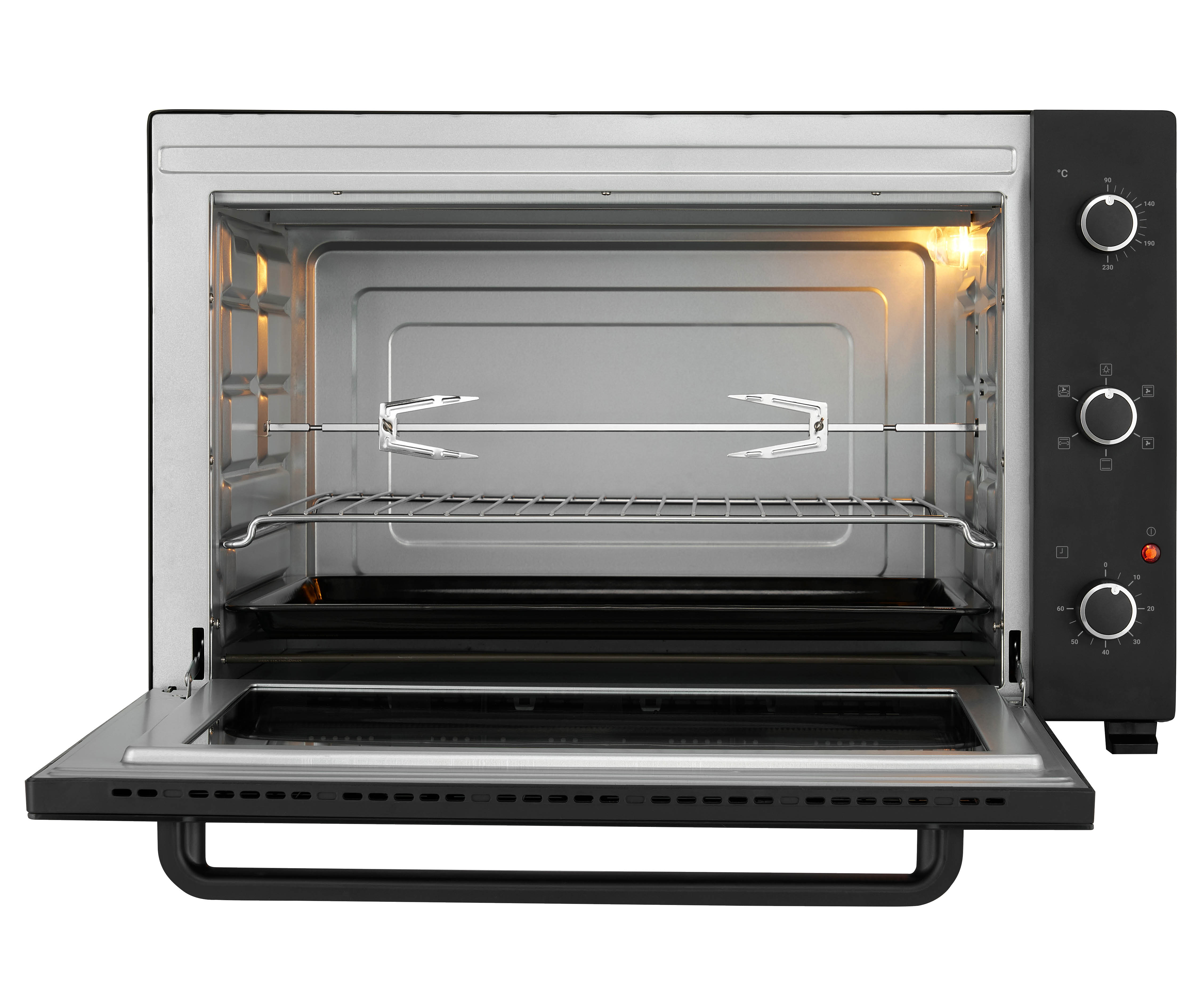 An open mini oven with a rotisserie and baking tray inside, white background.