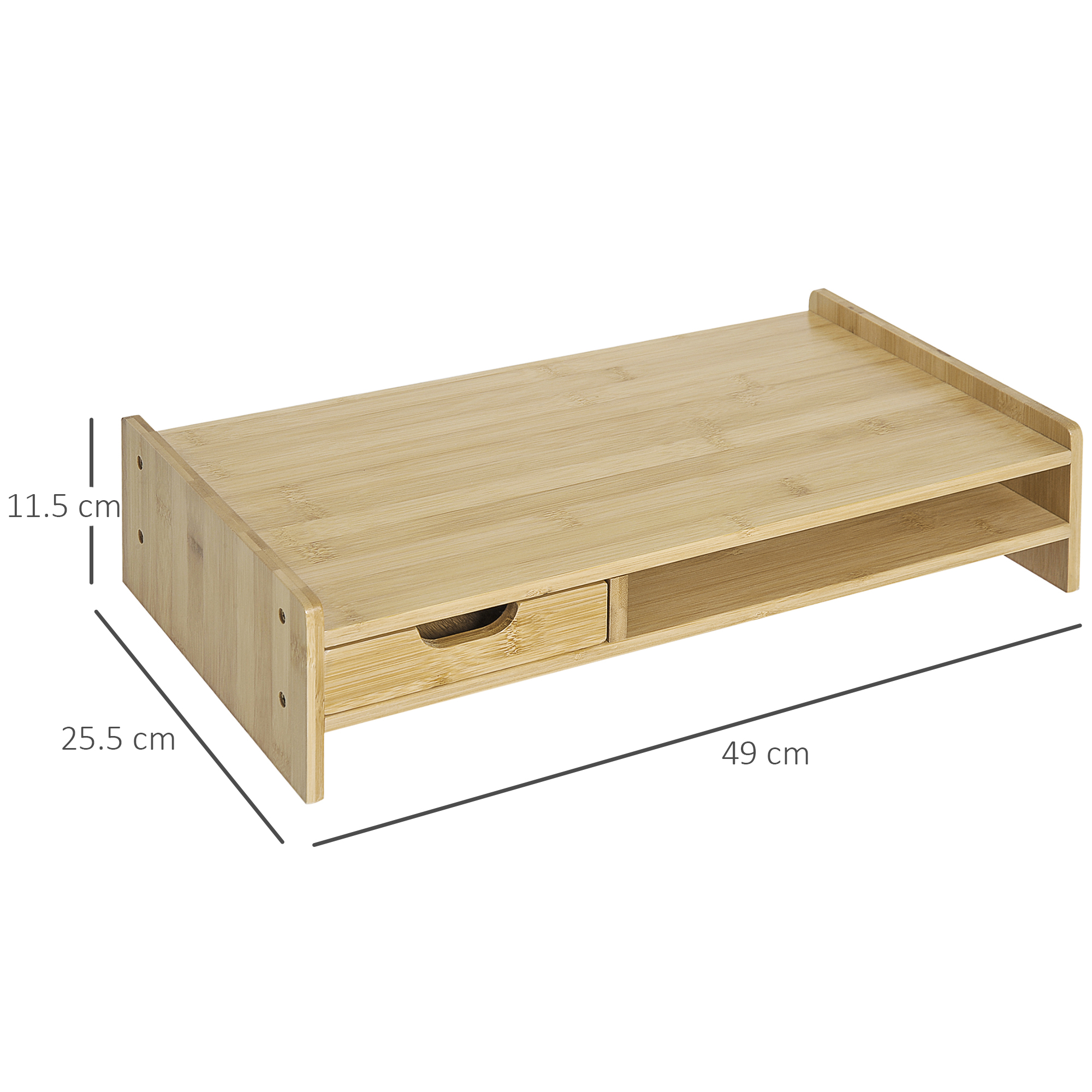 Un supporto per monitor in legno con cassetto e ripiano aperto.