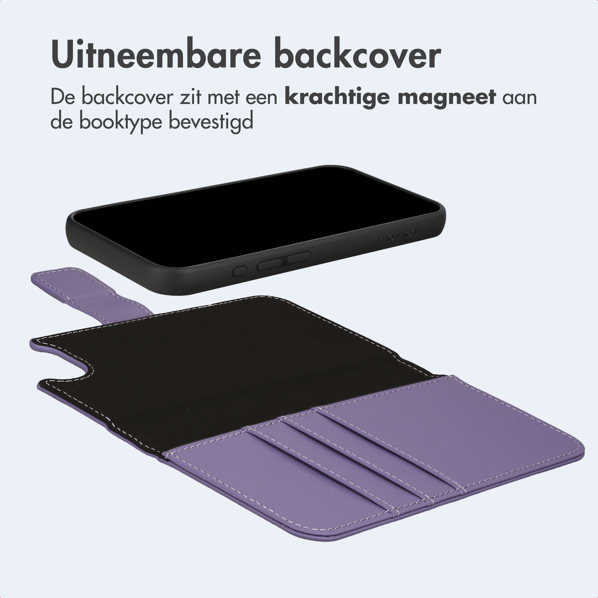 Ein schwarzes Smartphone liegt über einer geöffneten lila Handyhülle mit Kartenfächern.