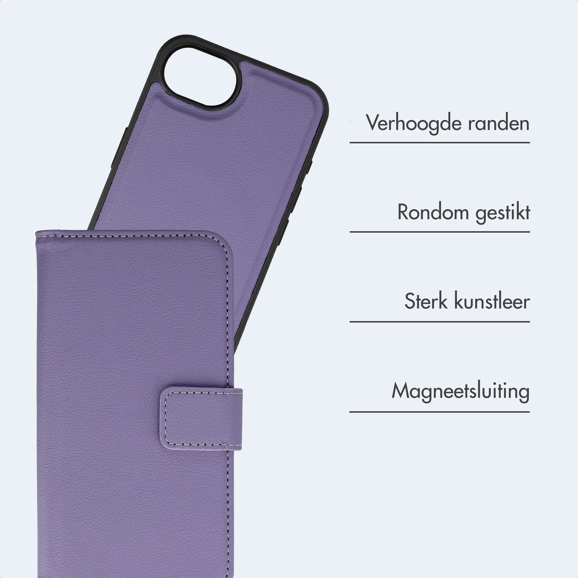 Lila Handyhülle mit erhöhten Rändern, Nähten und Magnetverschluss.