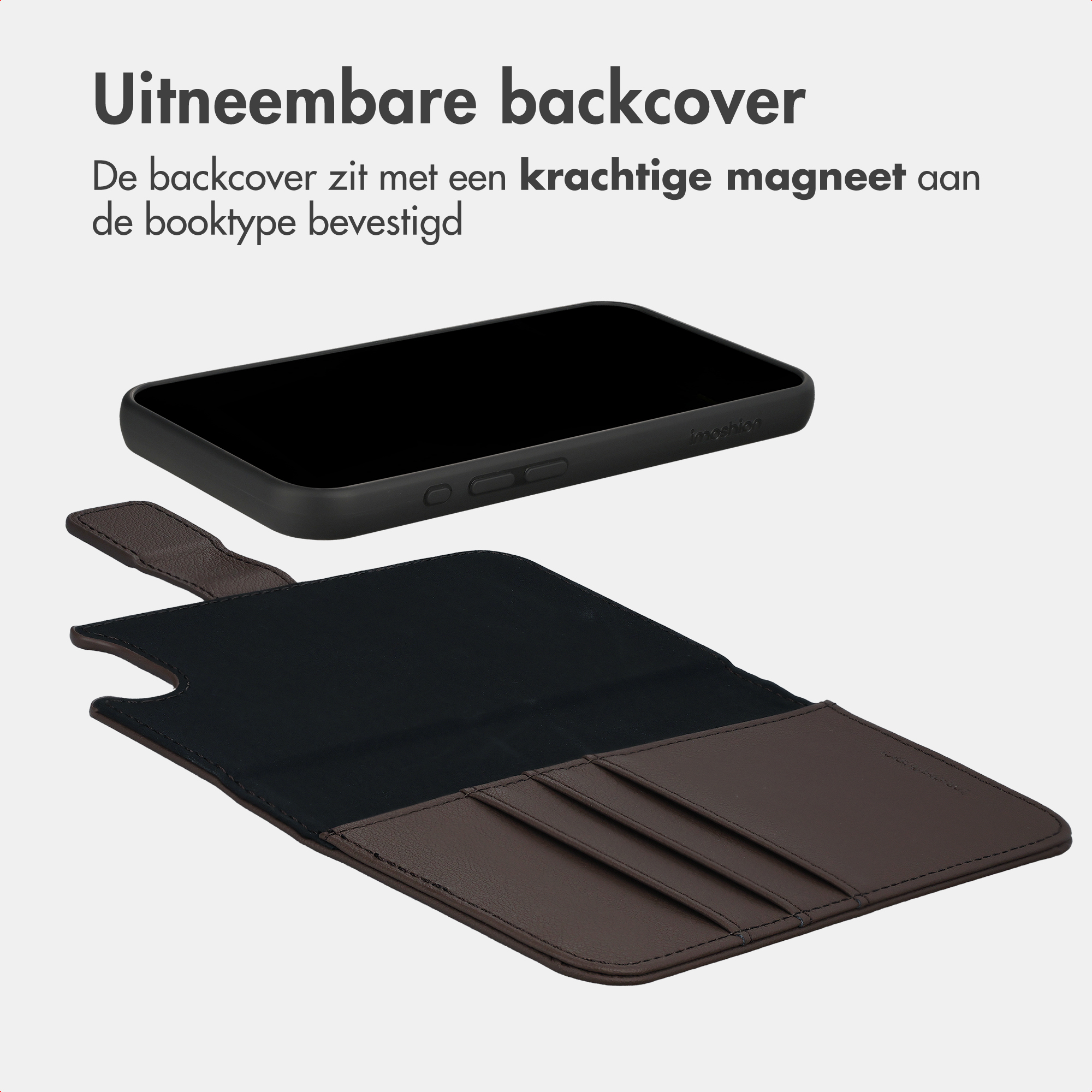 Ein schwarzes Smartphone mit abnehmbarer brauner Hülle. Mehrere Kartenfächer sichtbar.