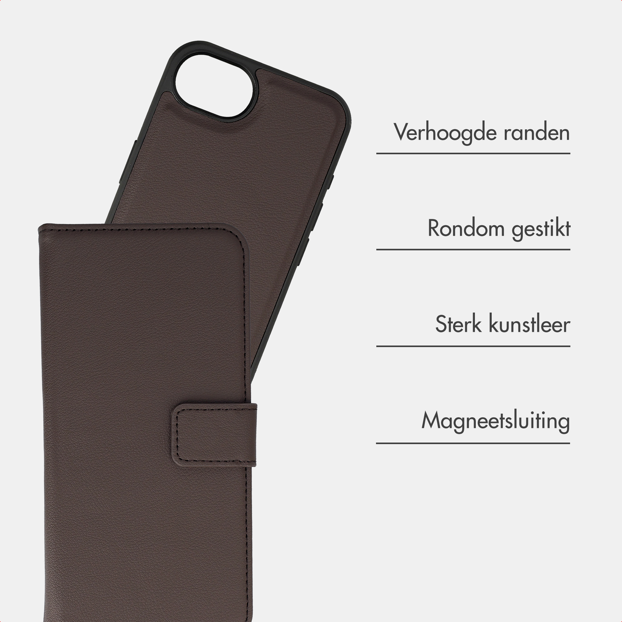 Braune Kunstleder-Handyhülle mit Magnetverschluss und erhöhten Kanten.