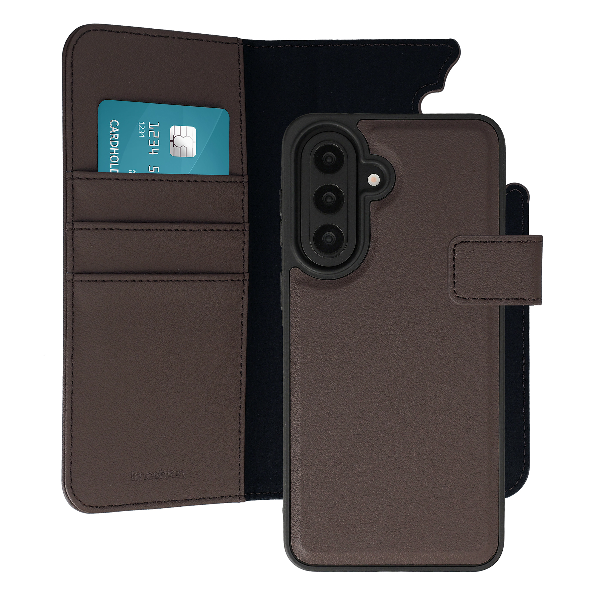 Braune Leder-Handyhülle mit Kartenfach und Telefon.
